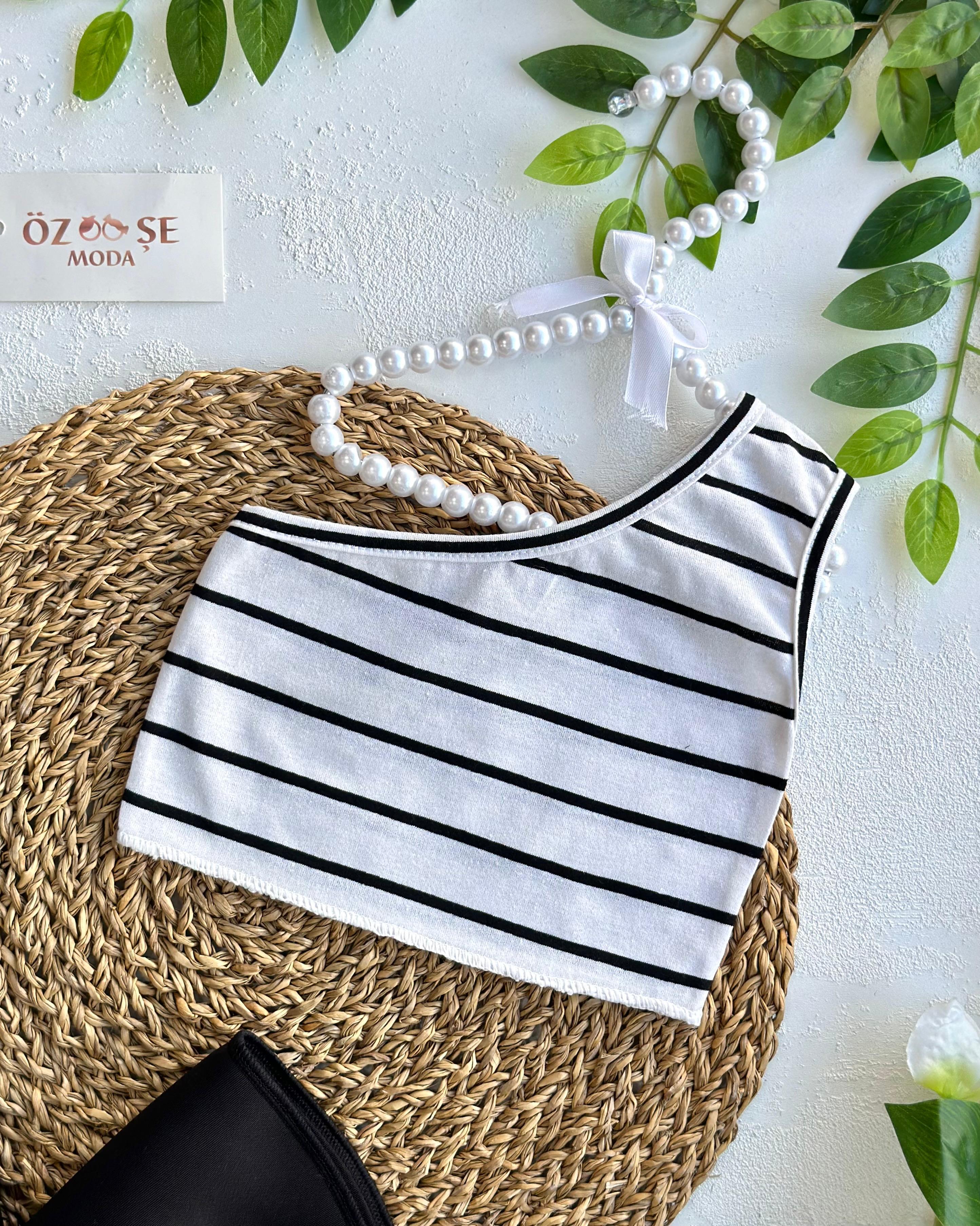 Siyah Scuba İspanyol Paça Pantolon İnce Çizgili Crop Takım