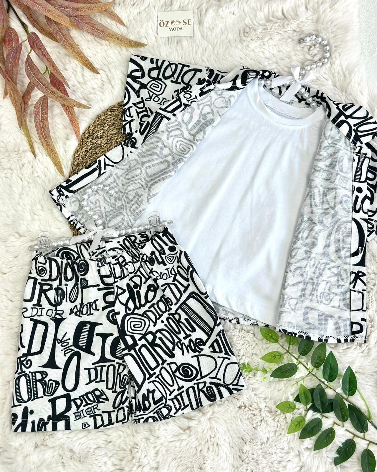 Unisex Markalı Monogram Gömlek Şort Tişört 3'lü Takım