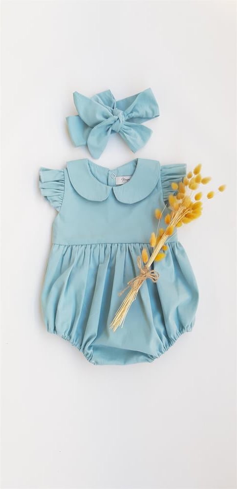 Kız Bebek Mavi Bebe Yaka Fırfırlı Kol Detayı Şort Tulum