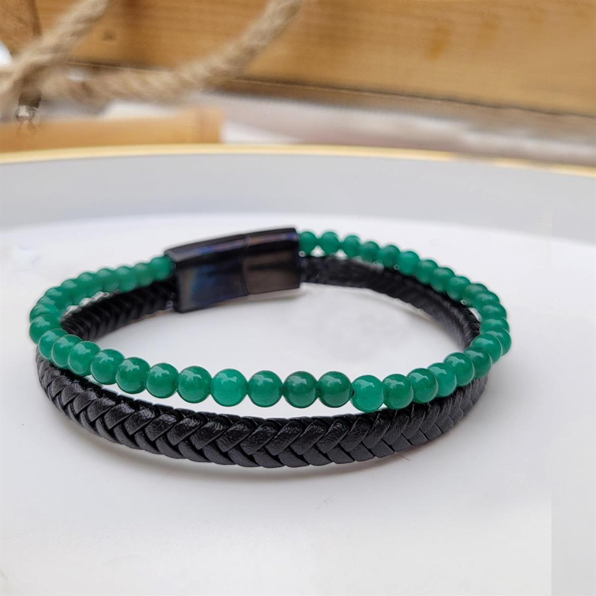 Akik Taşlı Deri Kordonlu Çelik Erkek Bileklik