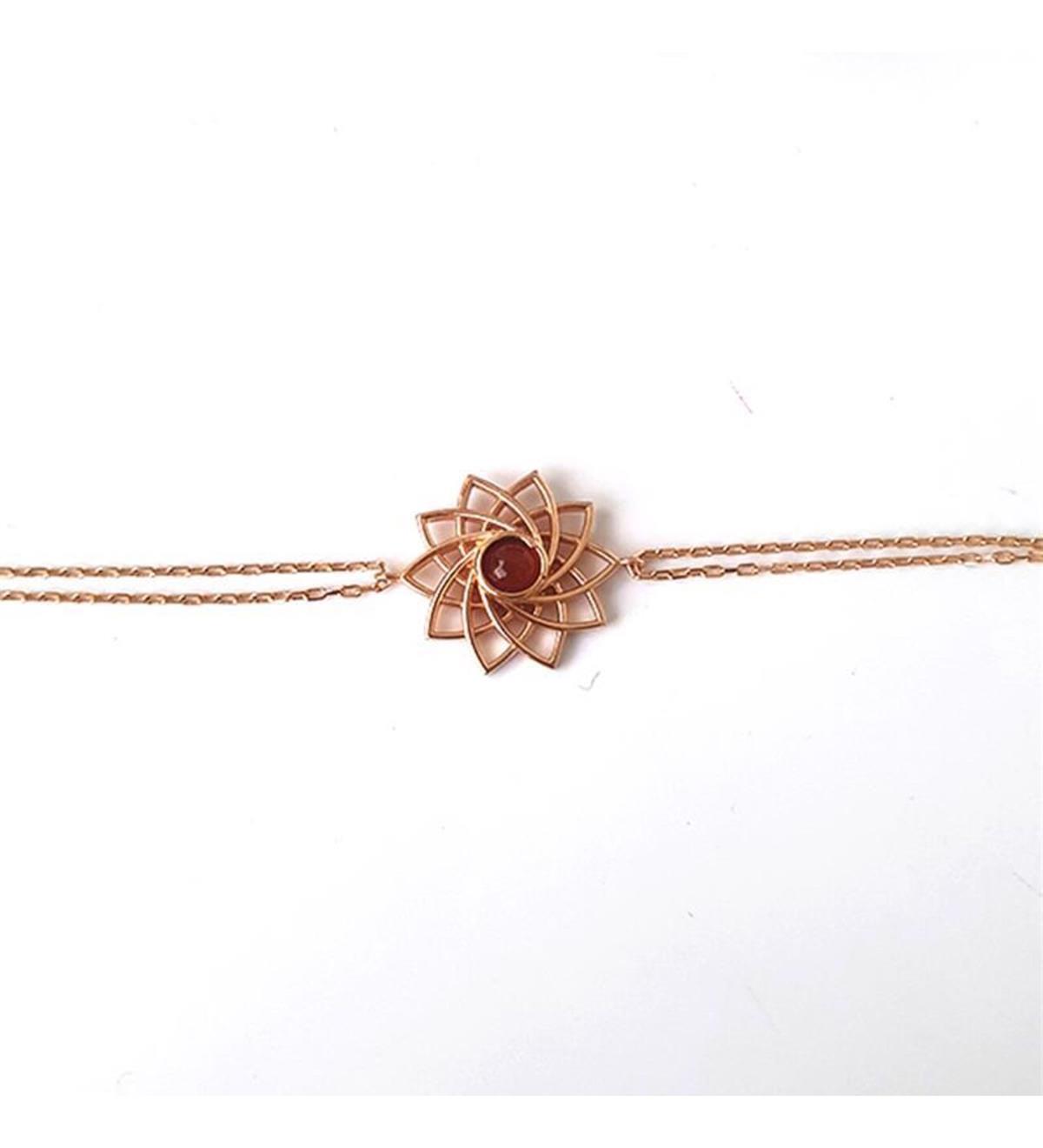 Akik Taşlı Gümüş Lotus Bileklik