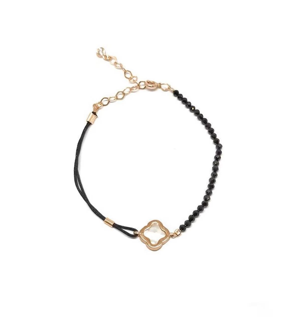 Gümüş Oniks ve Sedef Taşlı İpli Yonca Bileklik