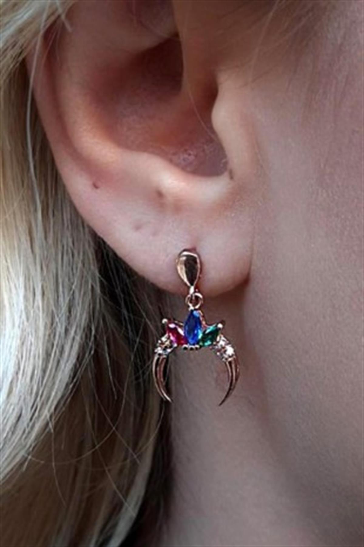 Gümüş Renkli Taşlı  Hilal Küpe