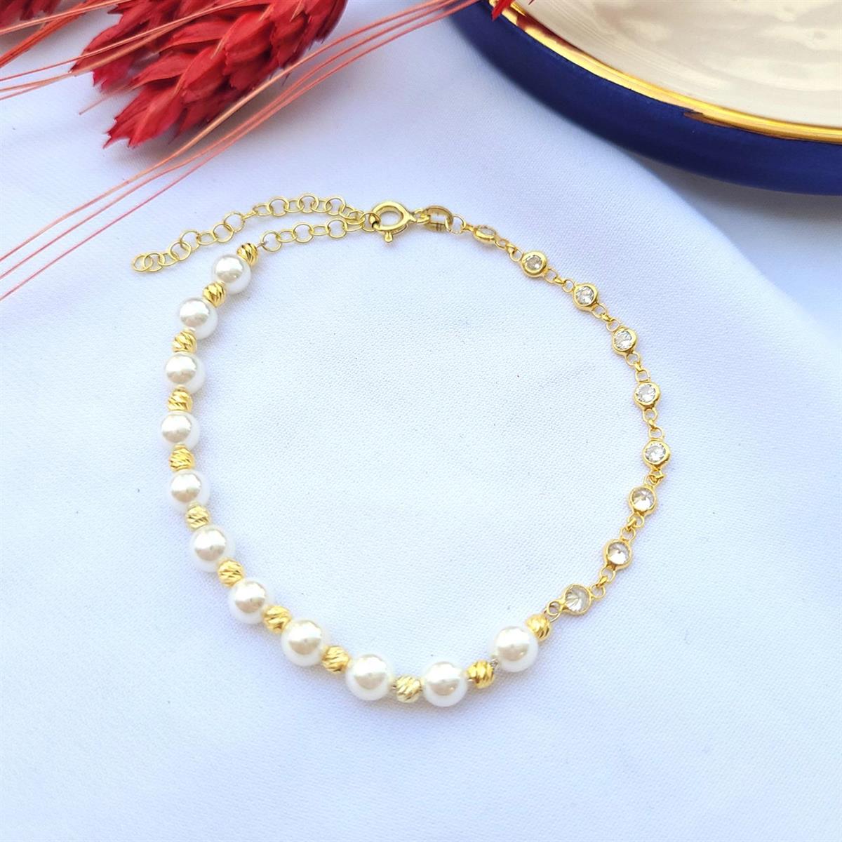 İncili Zirkon Taşlı Bileklik