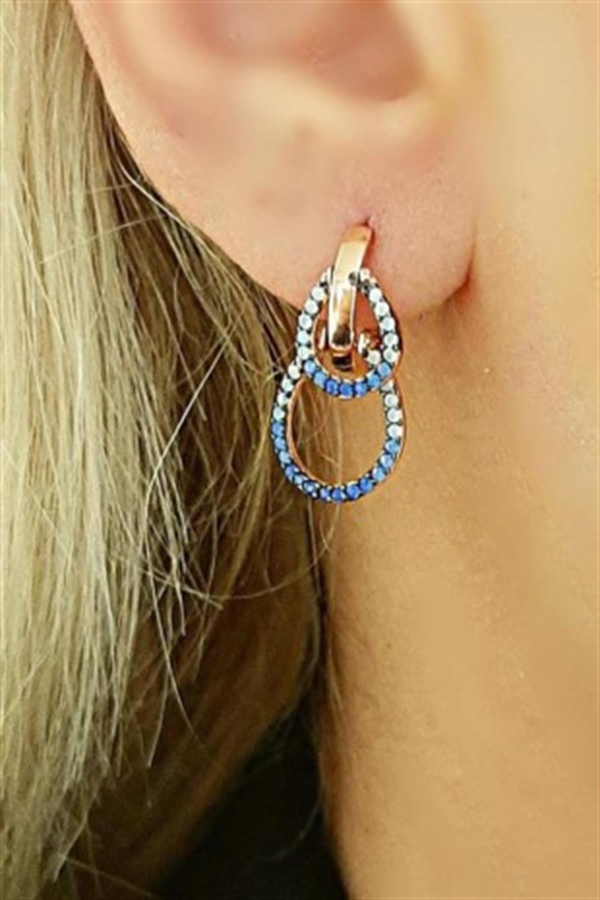 Mavi Geçişli Gümüş Halka Damla Küpe