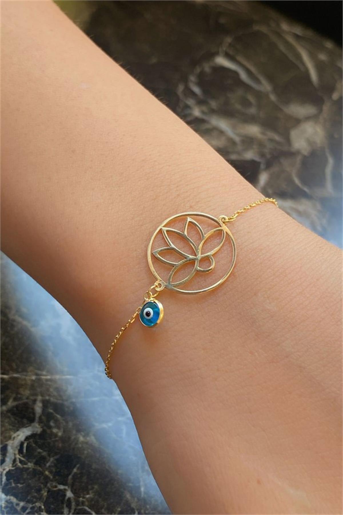Nazarlı Lotus Çiçeği Gümüş Bileklik