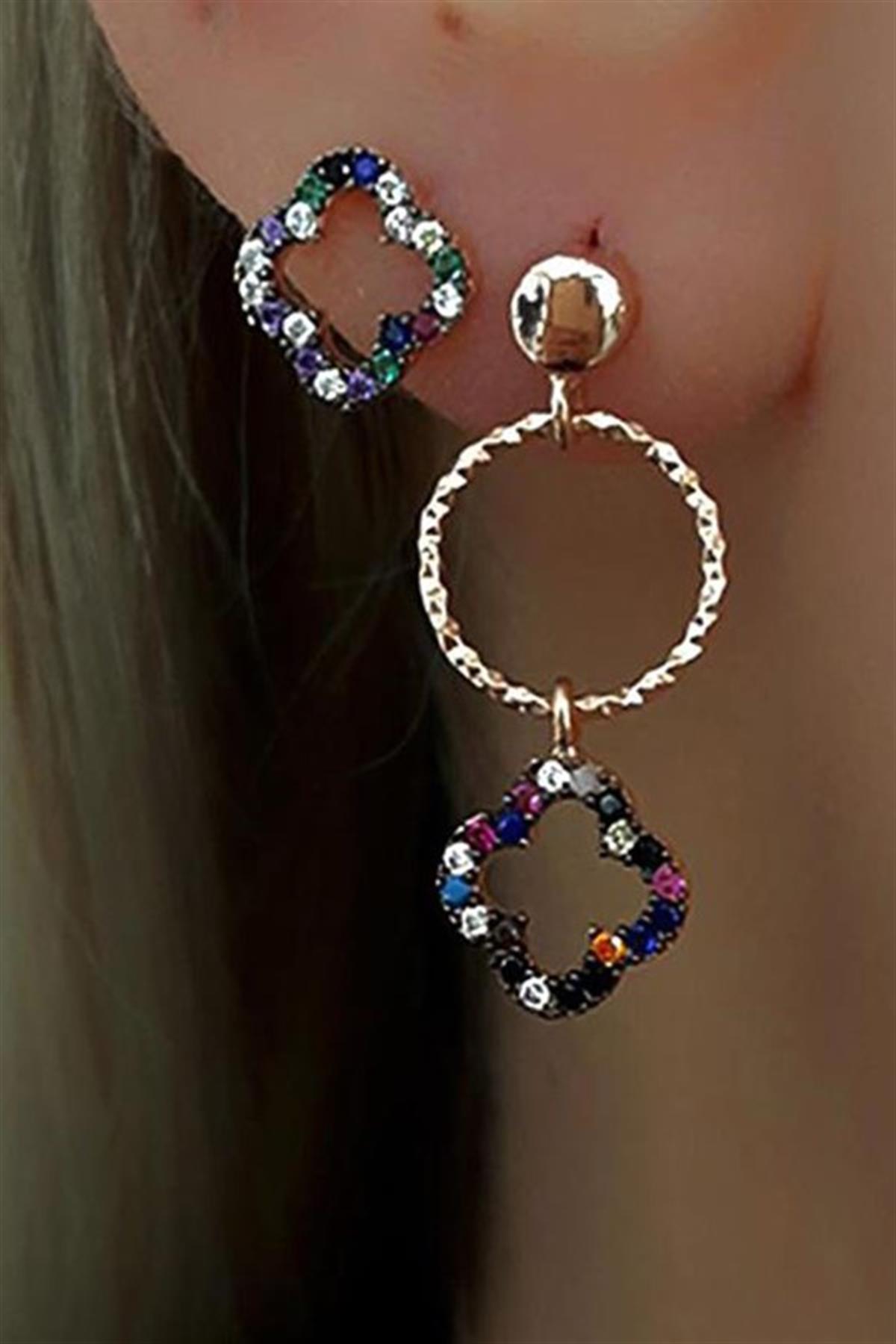 Renkli Taşlı Gümüş Yonca Küpe