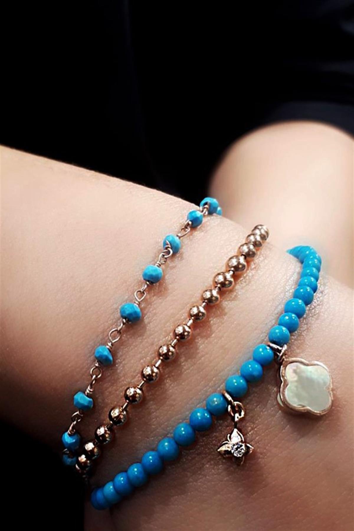 Sedef Ve Turkuaz Taş Gümüş Yonca Bileklik