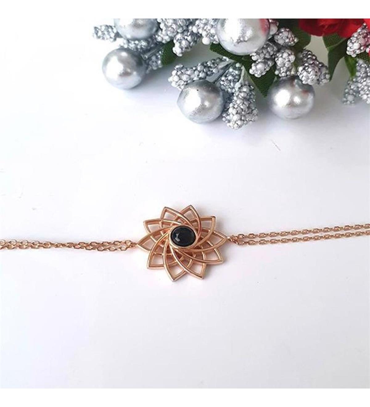 Siyah Taşlı Lotus Gümüş Bileklik