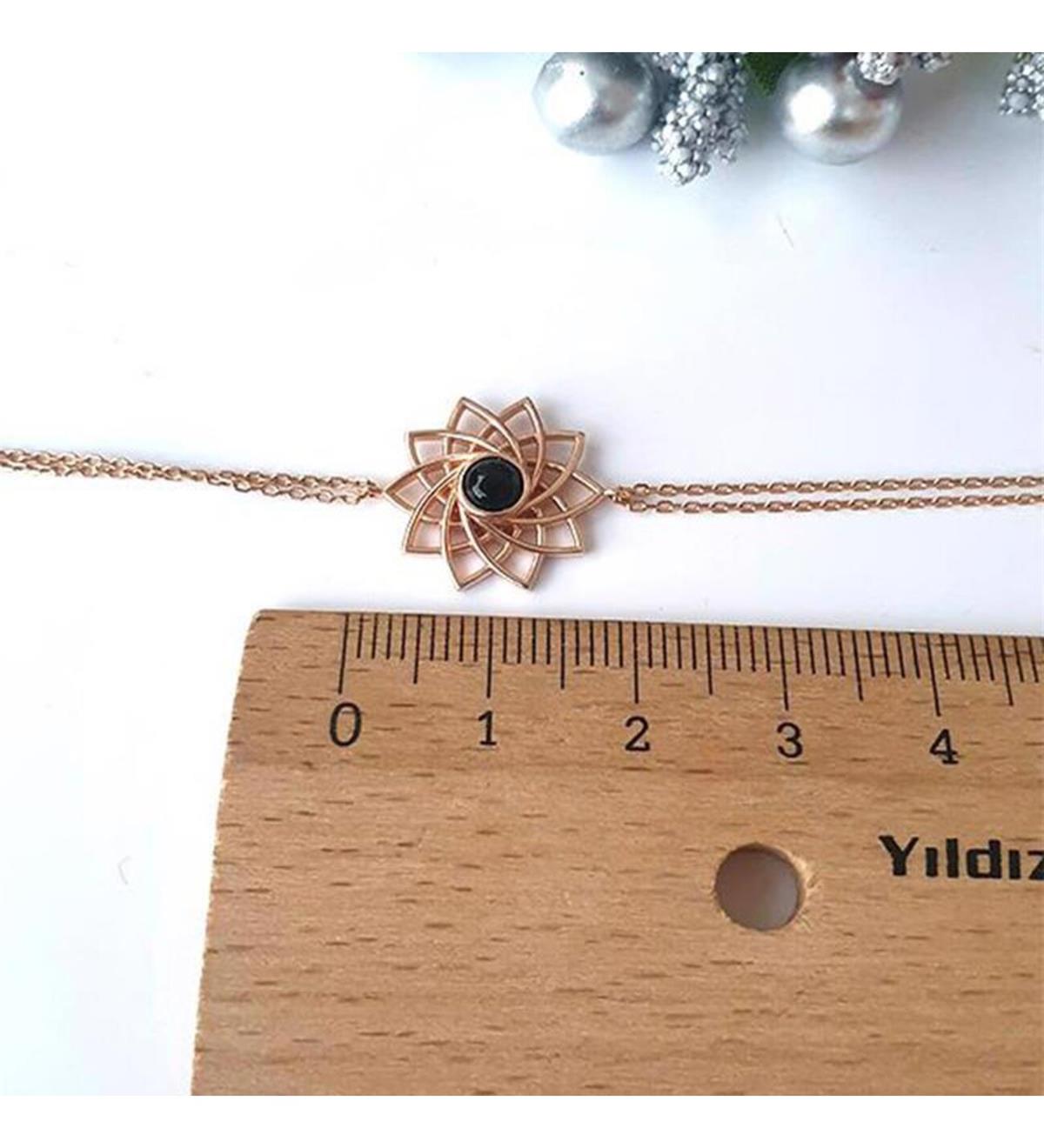 Siyah Taşlı Lotus Gümüş Bileklik