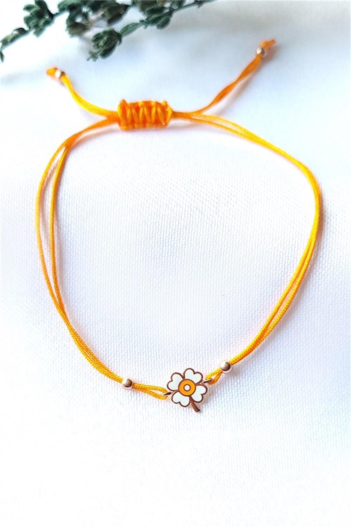 Turuncu İpli Çiçek Gümüş Bileklik