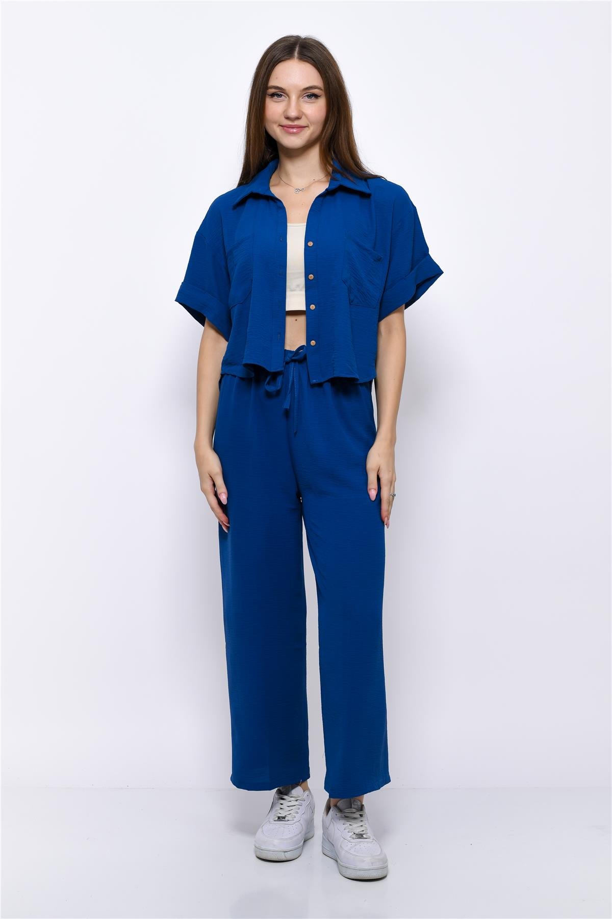 Aerobin Crop Gömlek Beli Lastikli Pantolon 2li Takım Lacivert