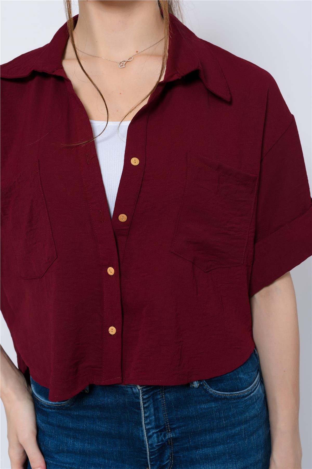 Kadın Aerobin Crop Gömlek Bordo