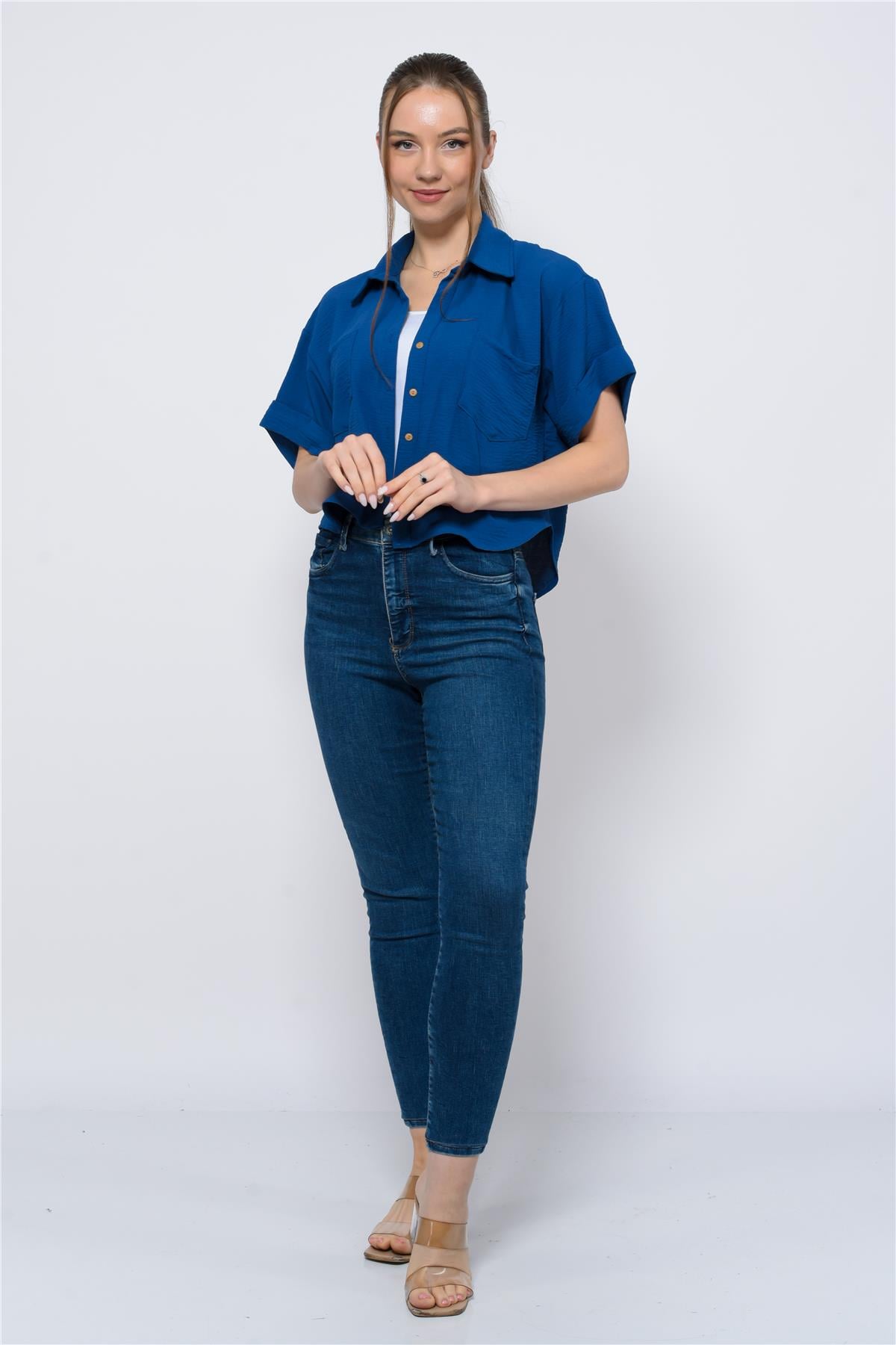 Kadın Aerobin Crop Gömlek Mavi