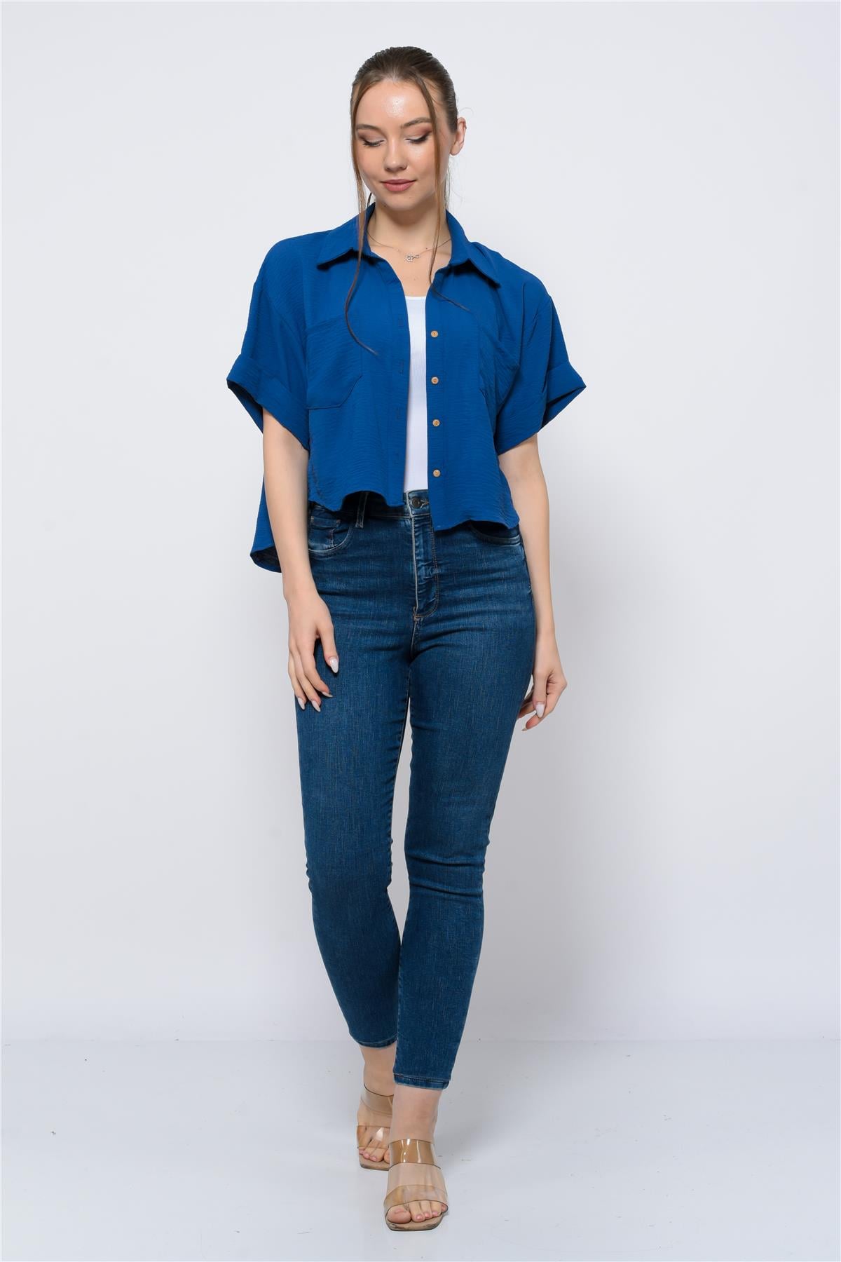 Kadın Aerobin Crop Gömlek Mavi