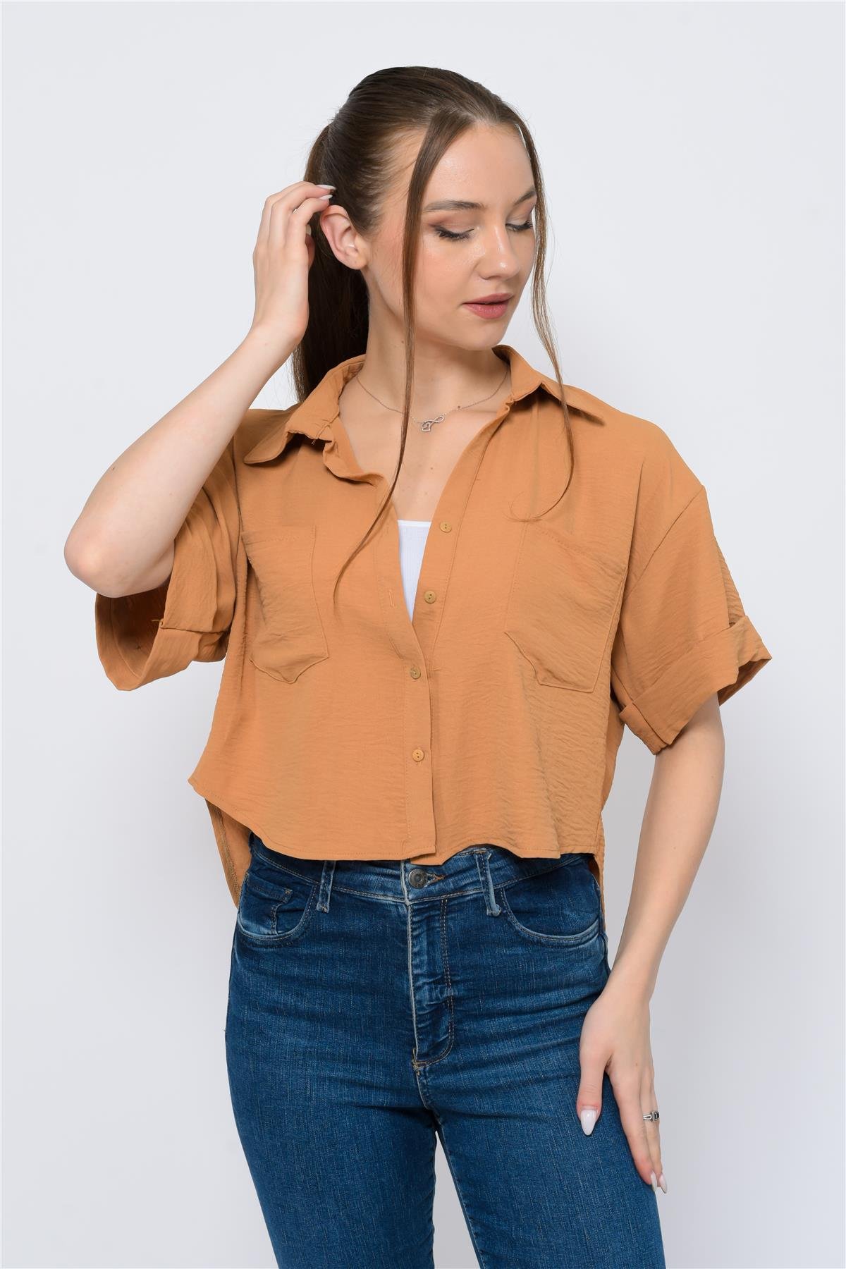 Kadın Aerobin Crop Gömlek Orange