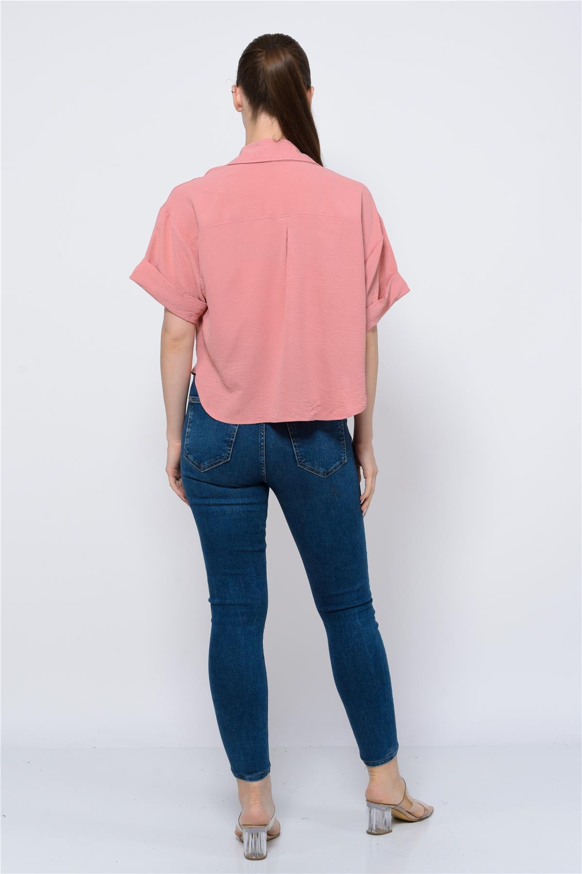 Kadın Aerobin Crop Gömlek Pudra