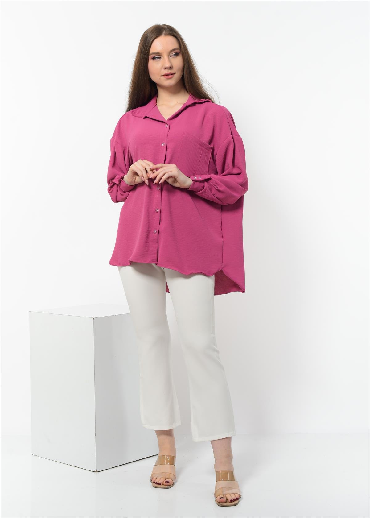 Kadın Aerobin Kumaş Düğmeli Gömlek Nar Çiçeği