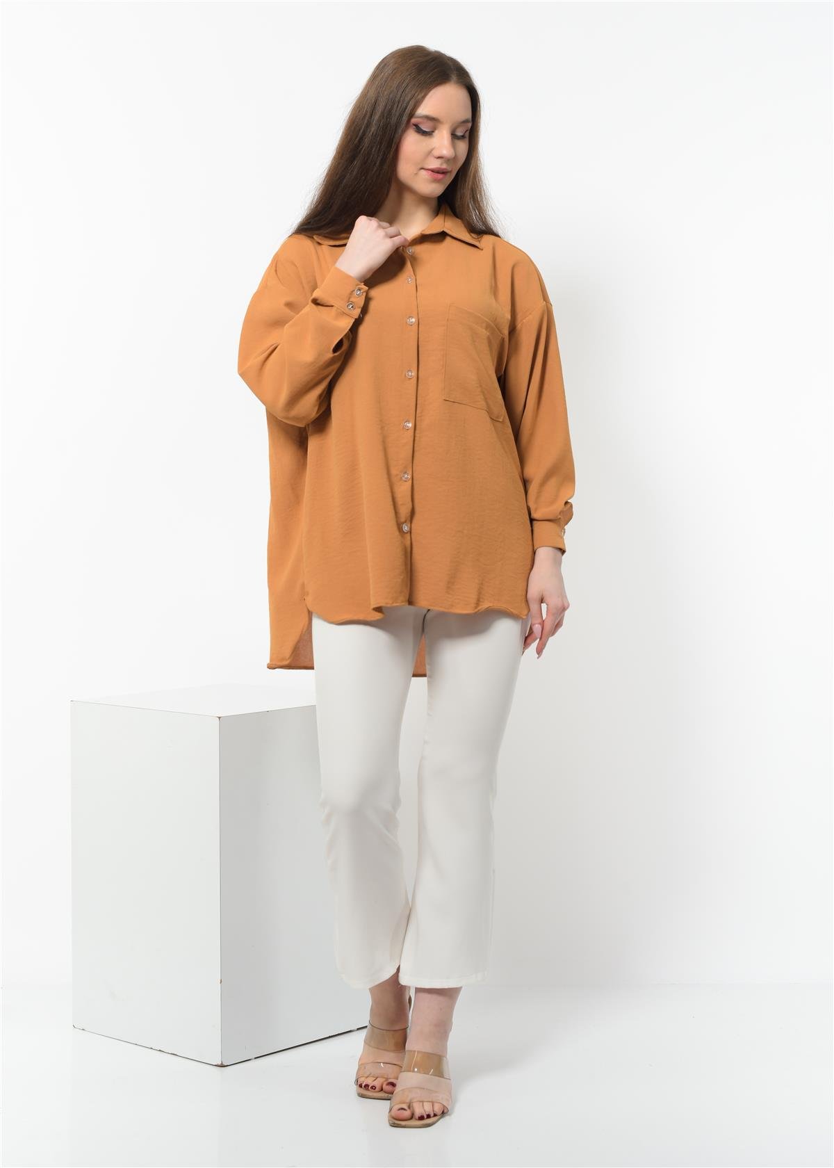 Kadın Aerobin Kumaş Düğmeli Gömlek Taba