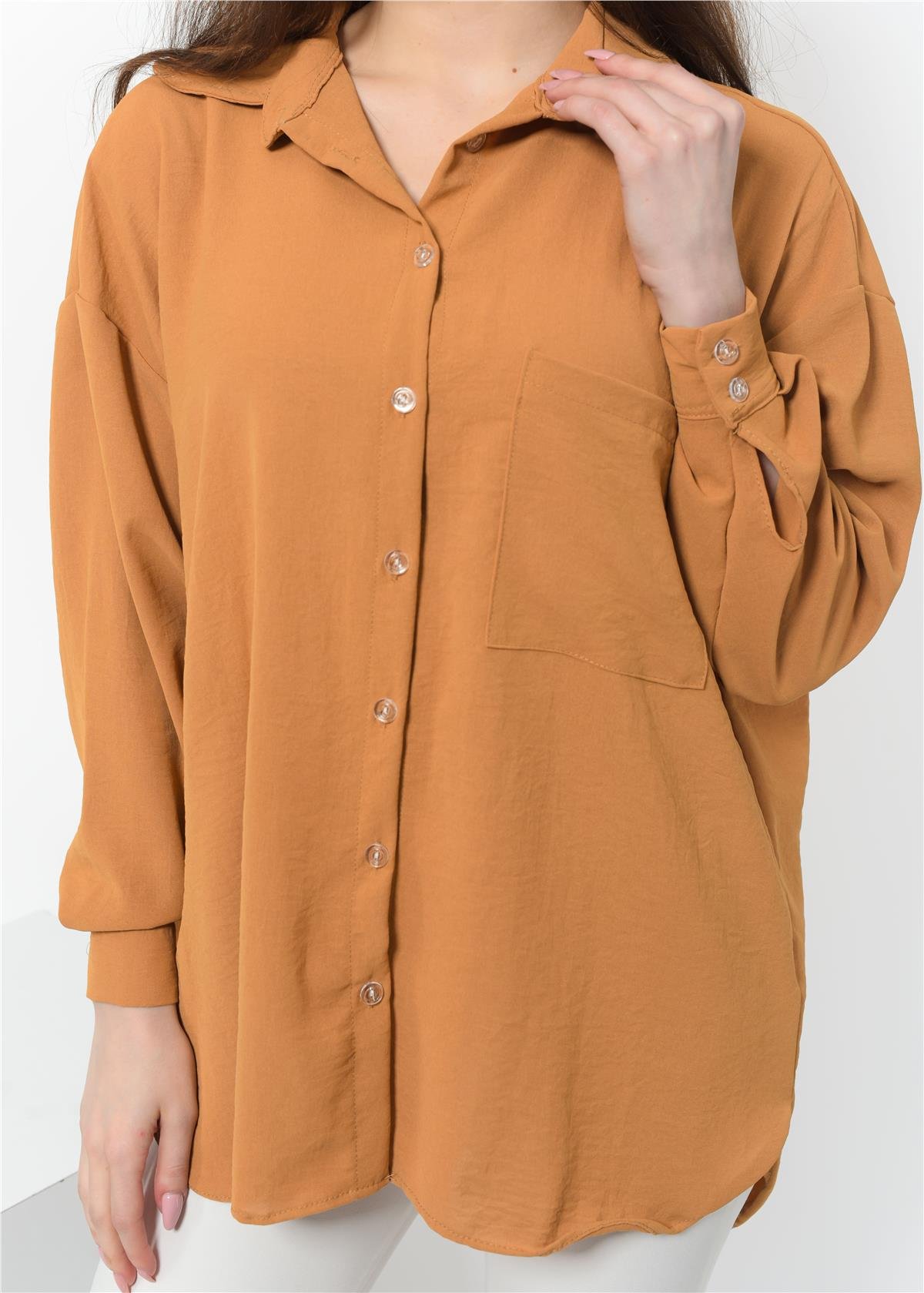 Kadın Aerobin Kumaş Düğmeli Gömlek Taba