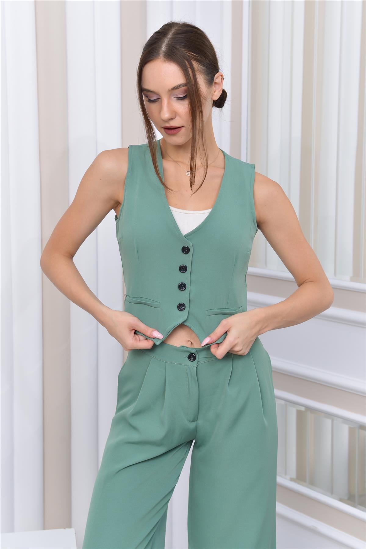 Kadın Dabıl Kumaş Yelek-Pantolon İkili Takım SuYeşili