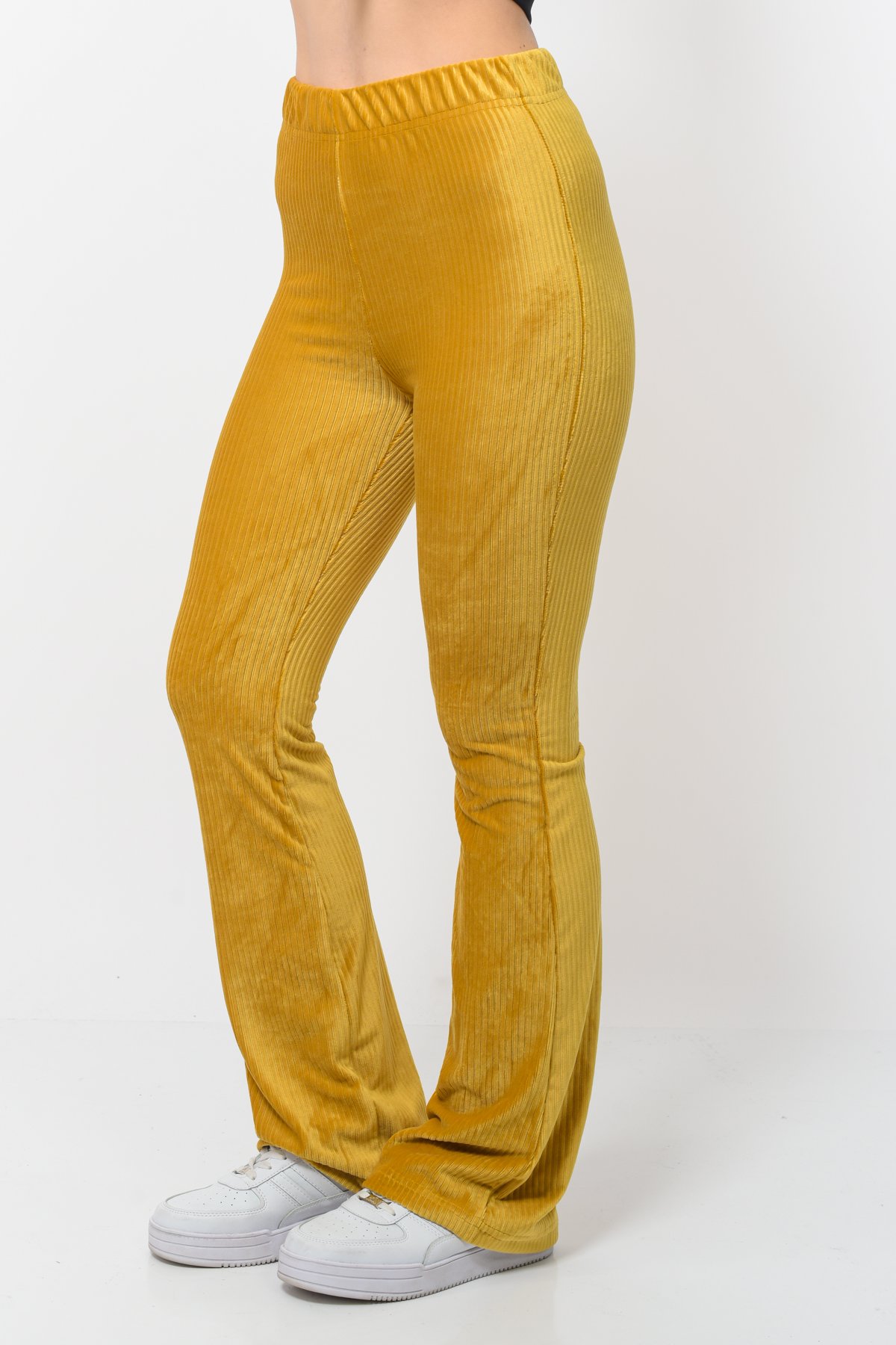 Kadın Fitilli Kadife İspanyol Paça Pantolon Hardal Rengi