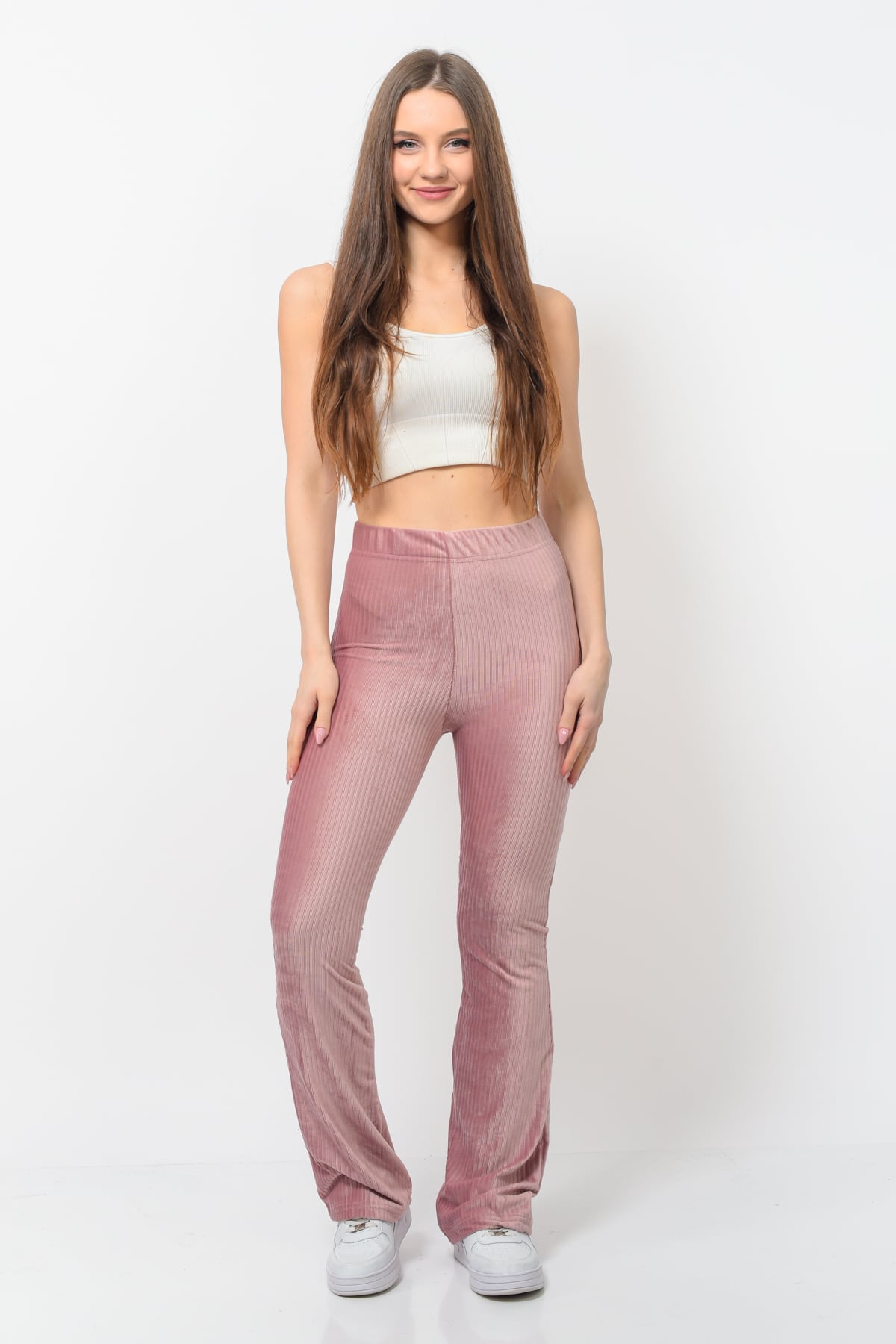 Kadın Fitilli Kadife İspanyol Paça Pantolon Pudra Rengi