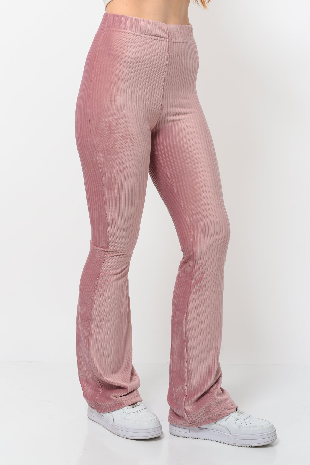 Kadın Fitilli Kadife İspanyol Paça Pantolon Pudra Rengi