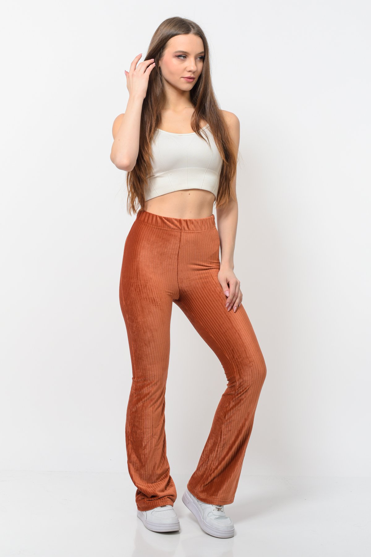 Kadın Fitilli Kadife İspanyol Paça Pantolon Kiremit Rengi