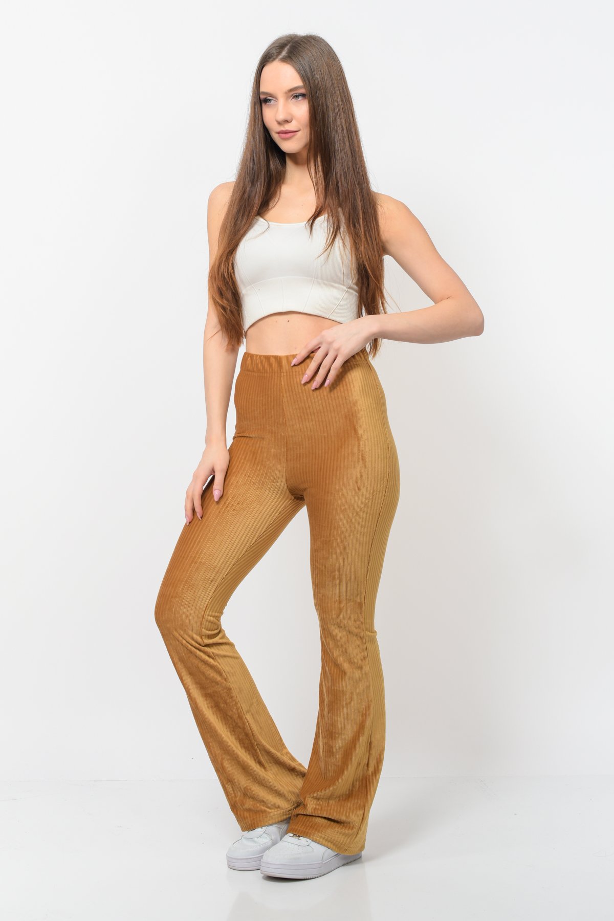 Kadın Fitilli Kadife İspanyol Paça Pantolon Taba Rengi