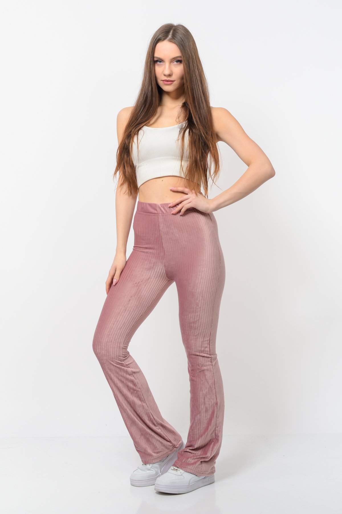 Kadın Fitilli Kadife İspanyol Paça Pantolon Pudra Rengi