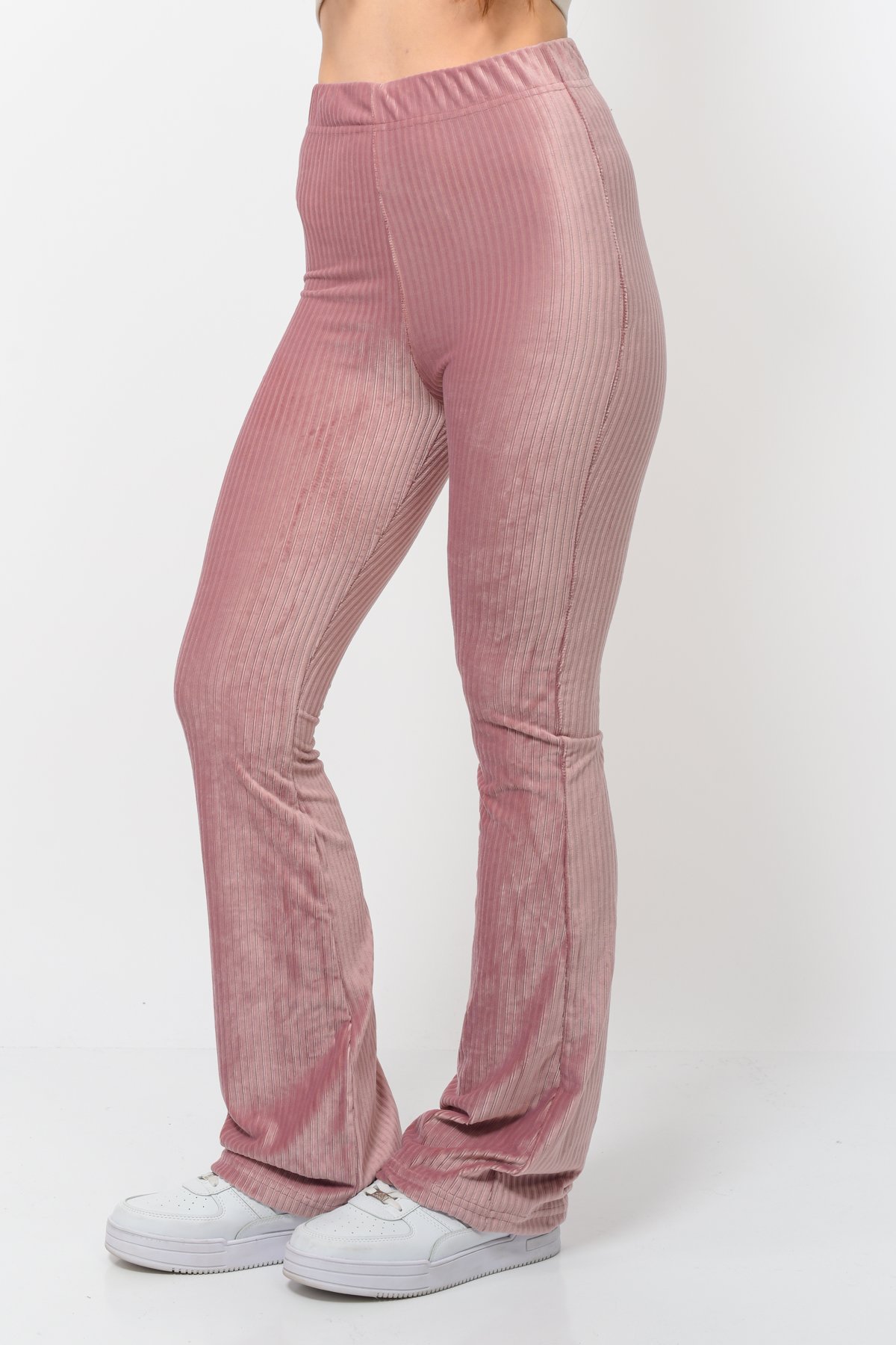 Kadın Fitilli Kadife İspanyol Paça Pantolon Pudra Rengi