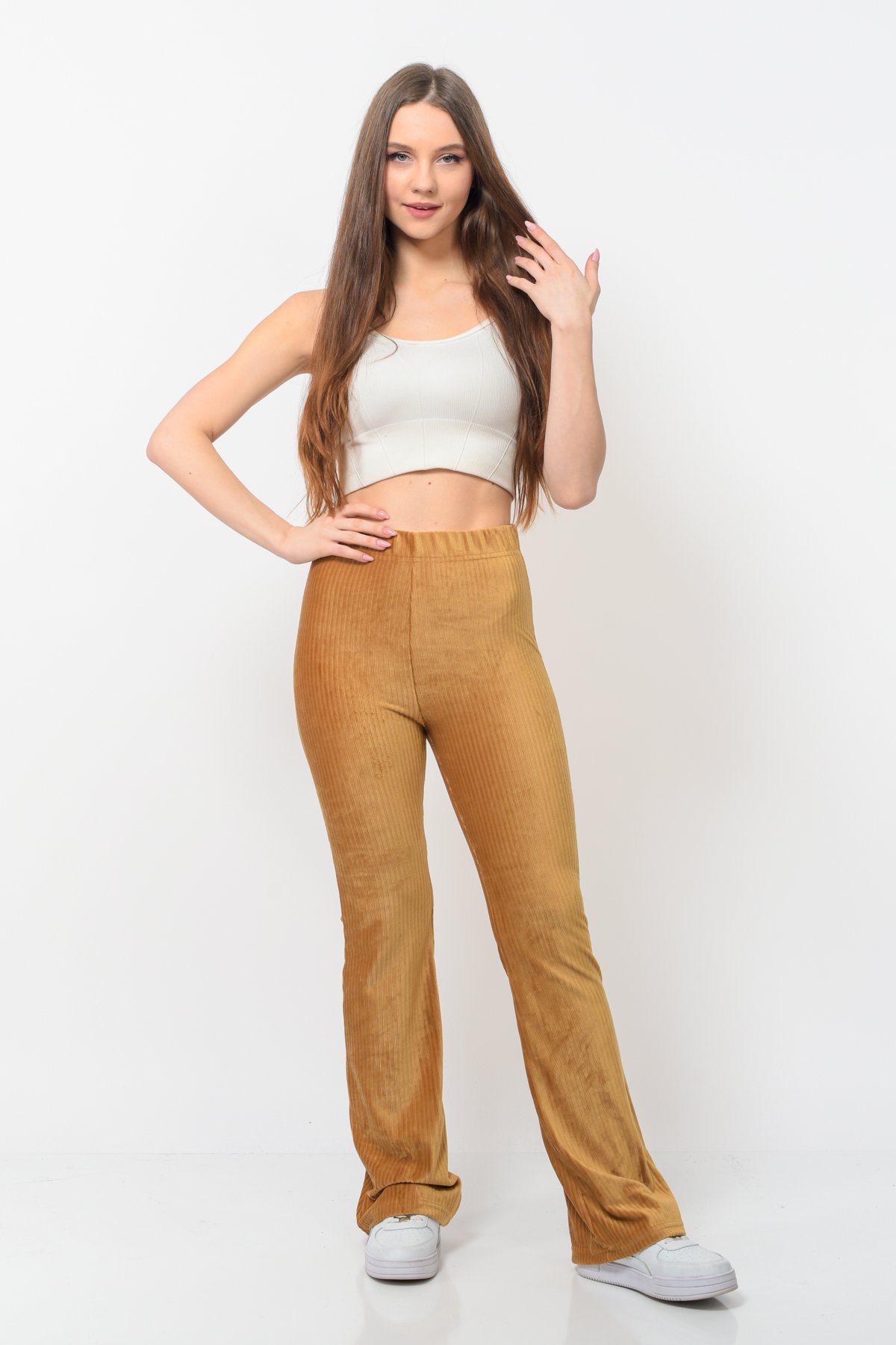 Kadın Fitilli Kadife İspanyol Paça Pantolon Taba Rengi