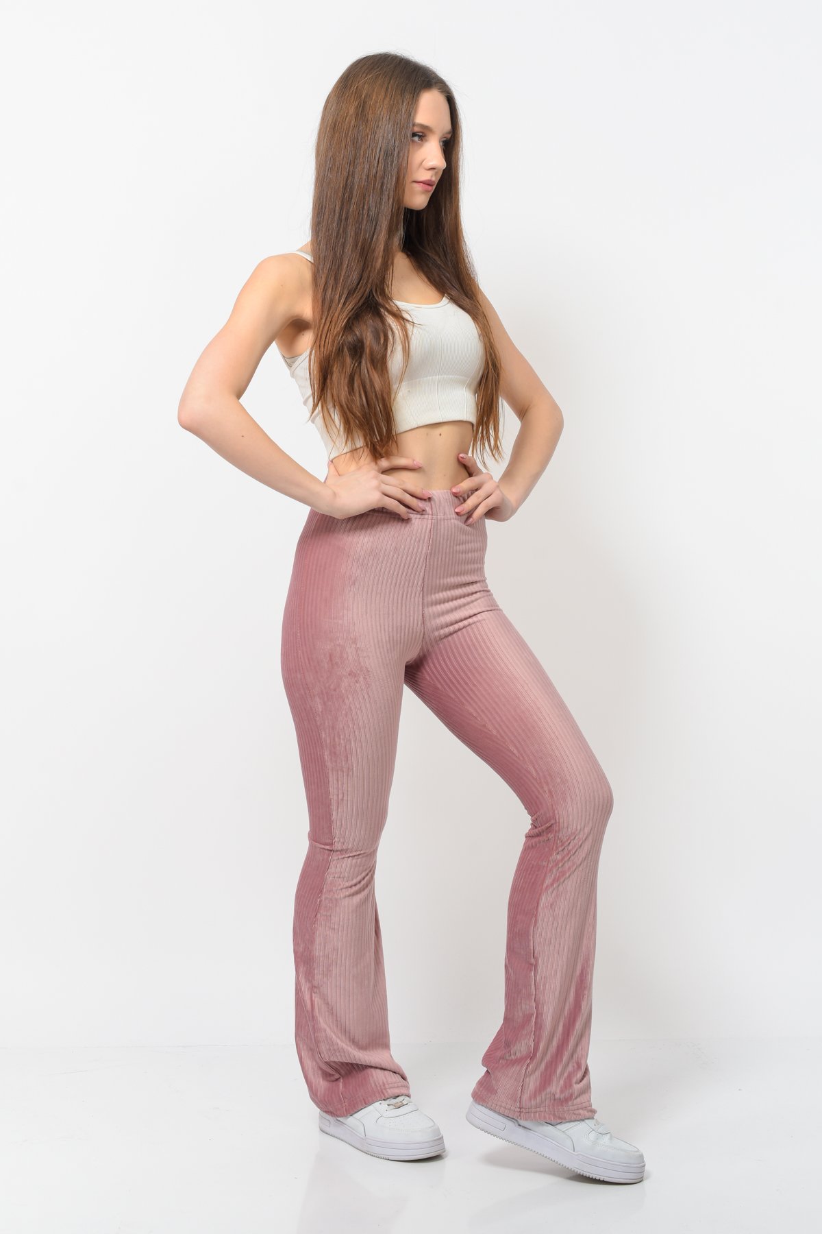 Kadın Fitilli Kadife İspanyol Paça Pantolon Pudra Rengi
