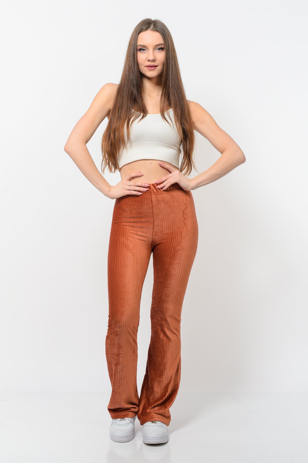 Kadın Fitilli Kadife İspanyol Paça Pantolon Kiremit Rengi