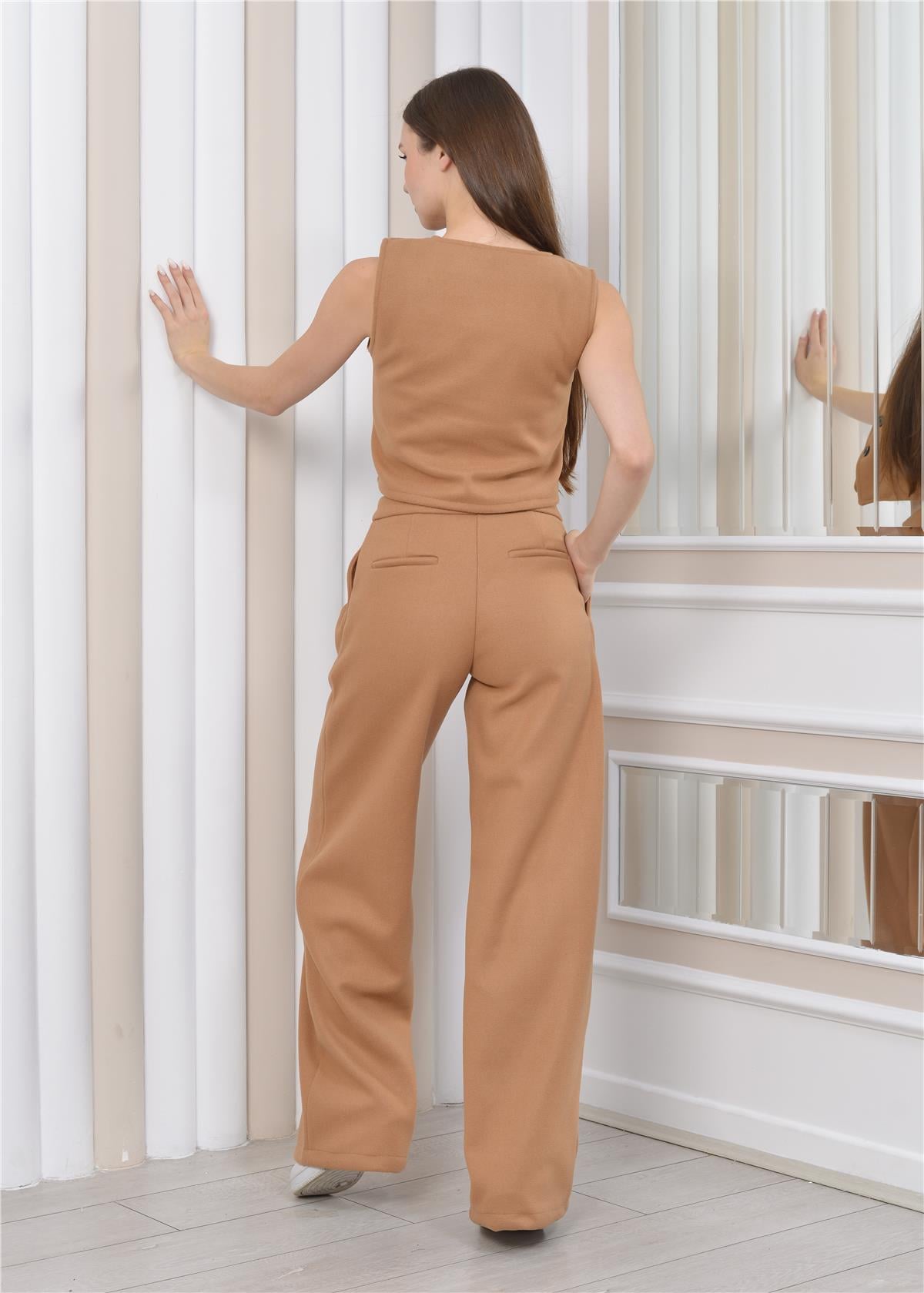 Kadın Kaşe Pantolon&Yelek Kışlık İkili Takım Taba