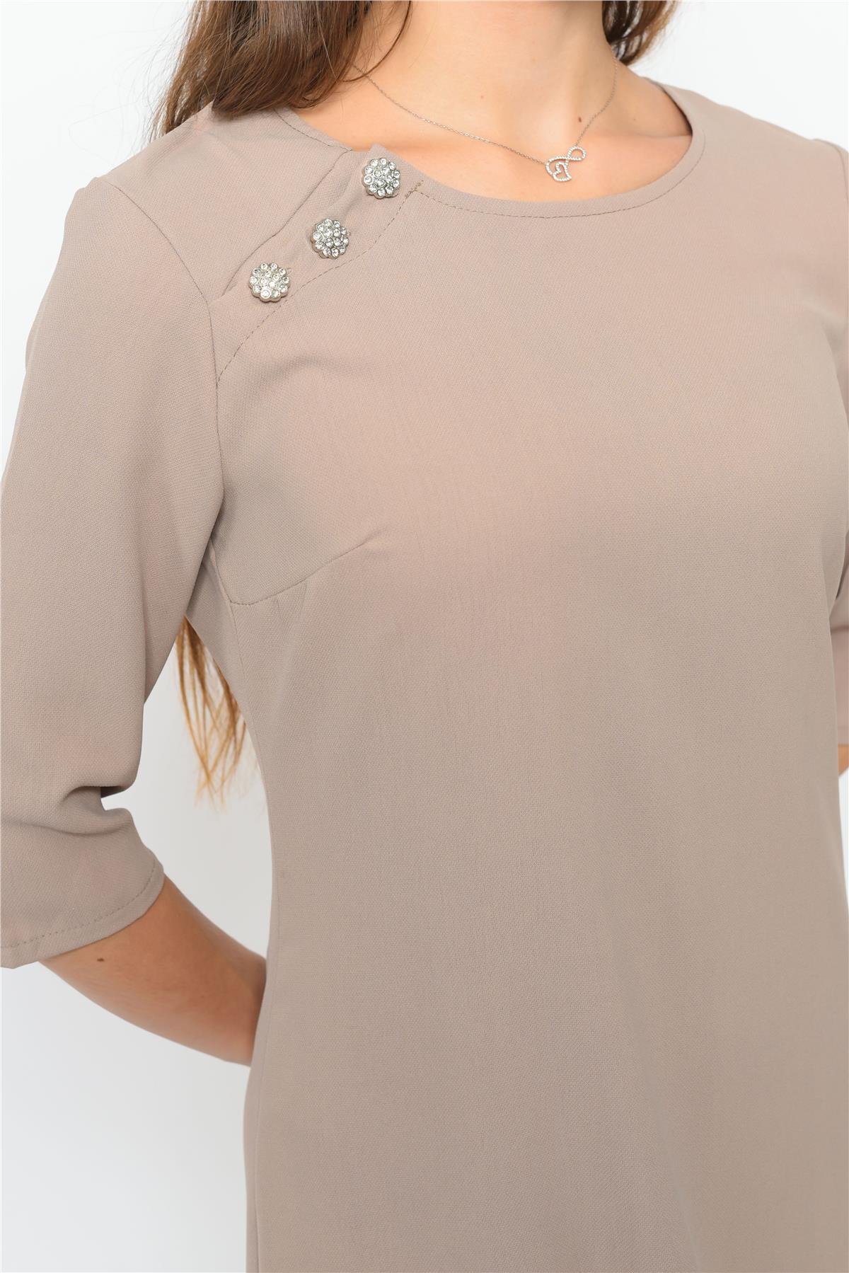 Kadın Omuzdan Düğmeli Mini Elbise Bej