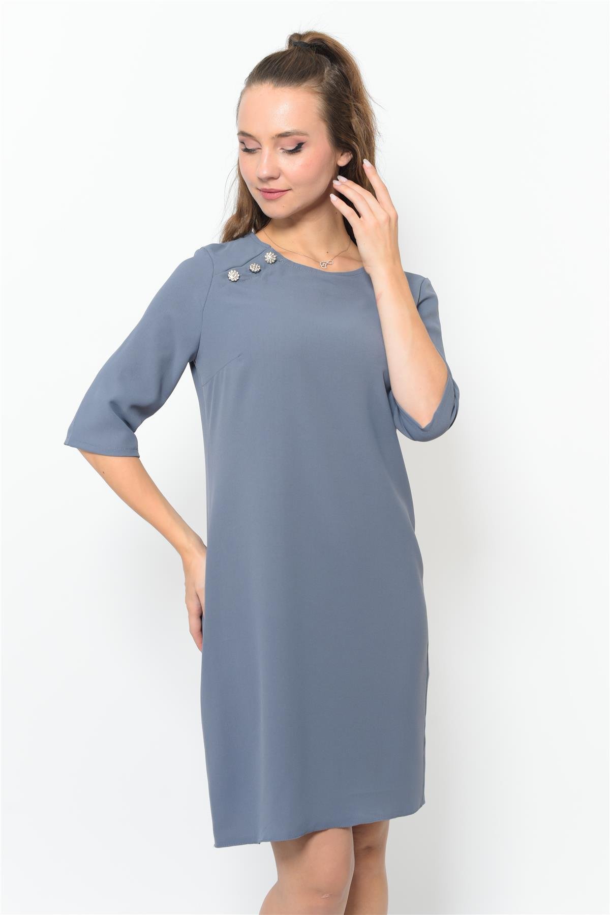 Kadın Omuzdan Düğmeli Mini Elbise Gri