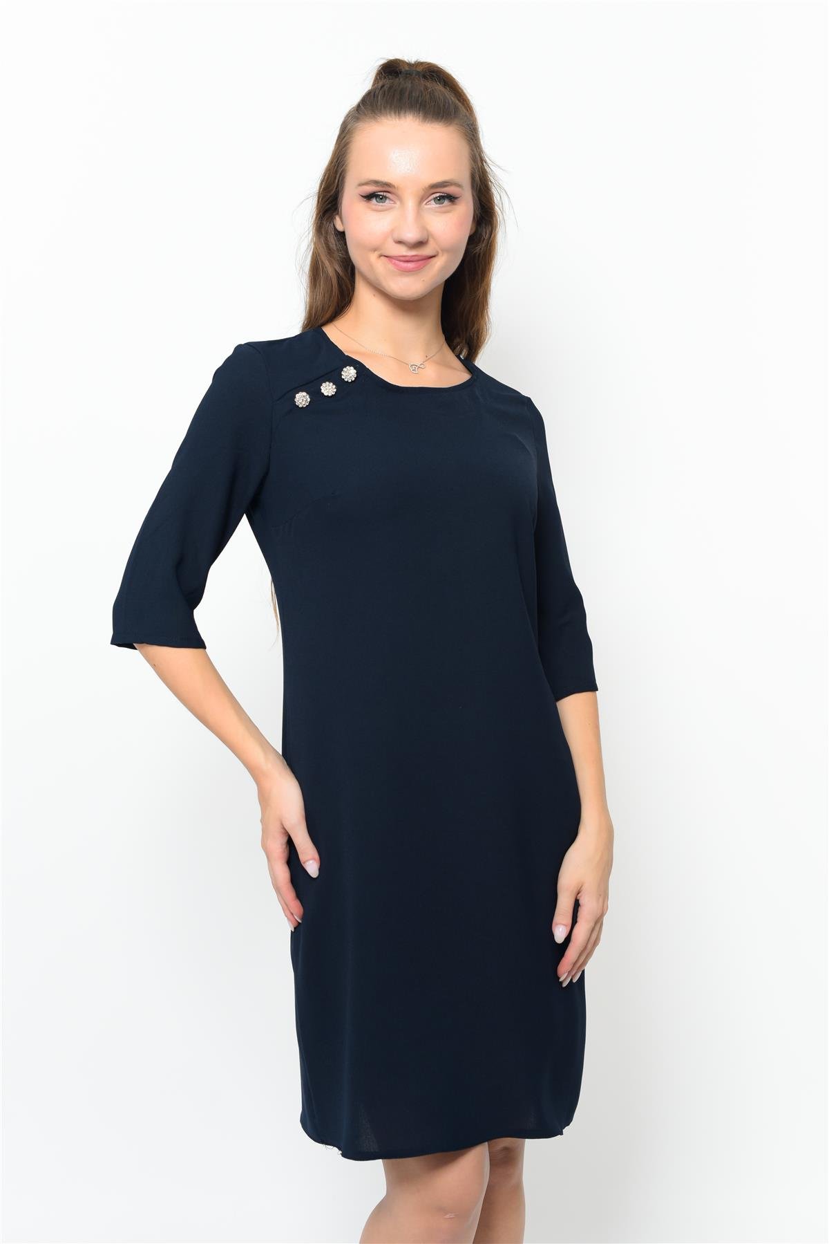 Kadın Omuzdan Düğmeli Mini Elbise Lacivert