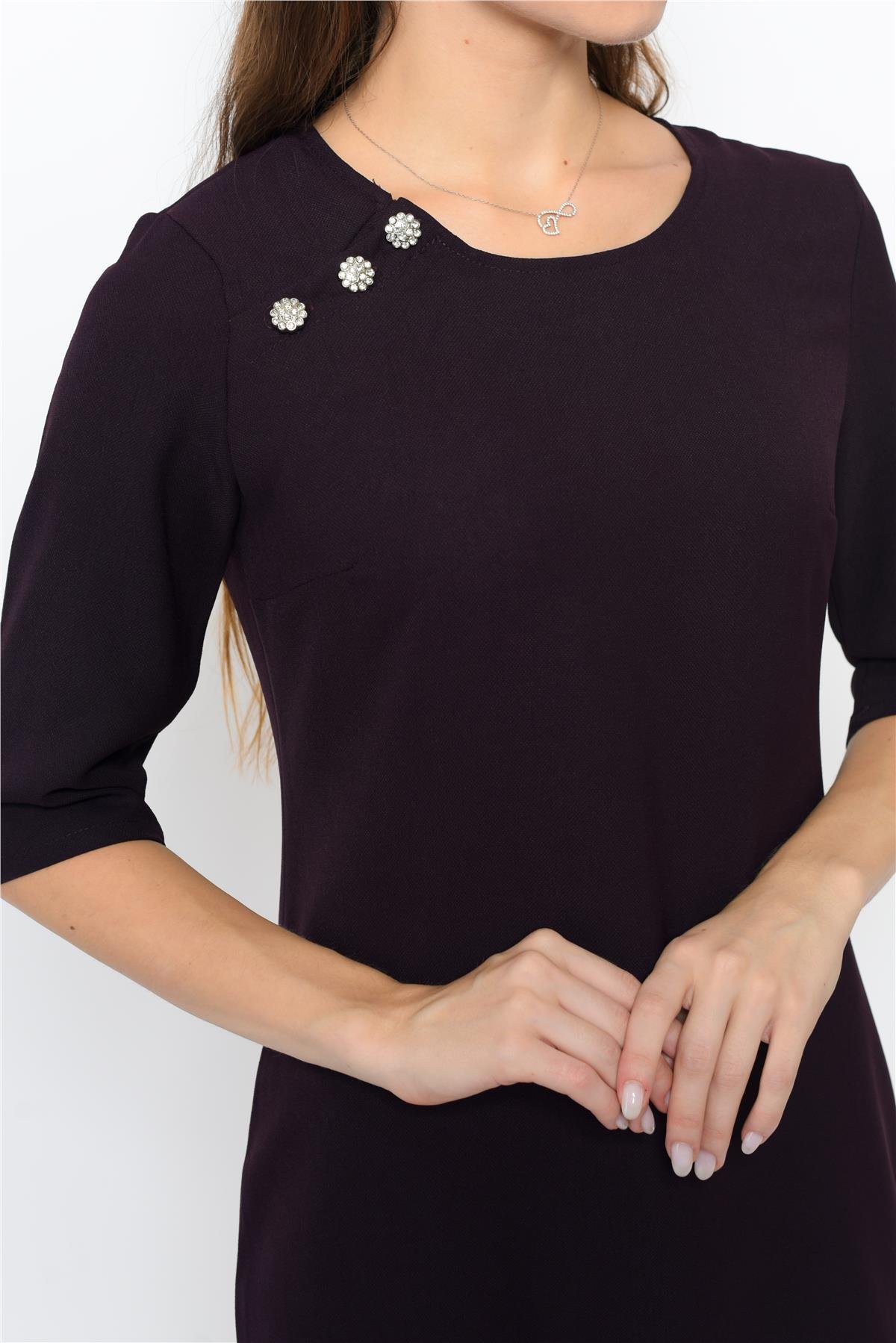 Kadın Omuzdan Düğmeli Mini Elbise Mürdüm