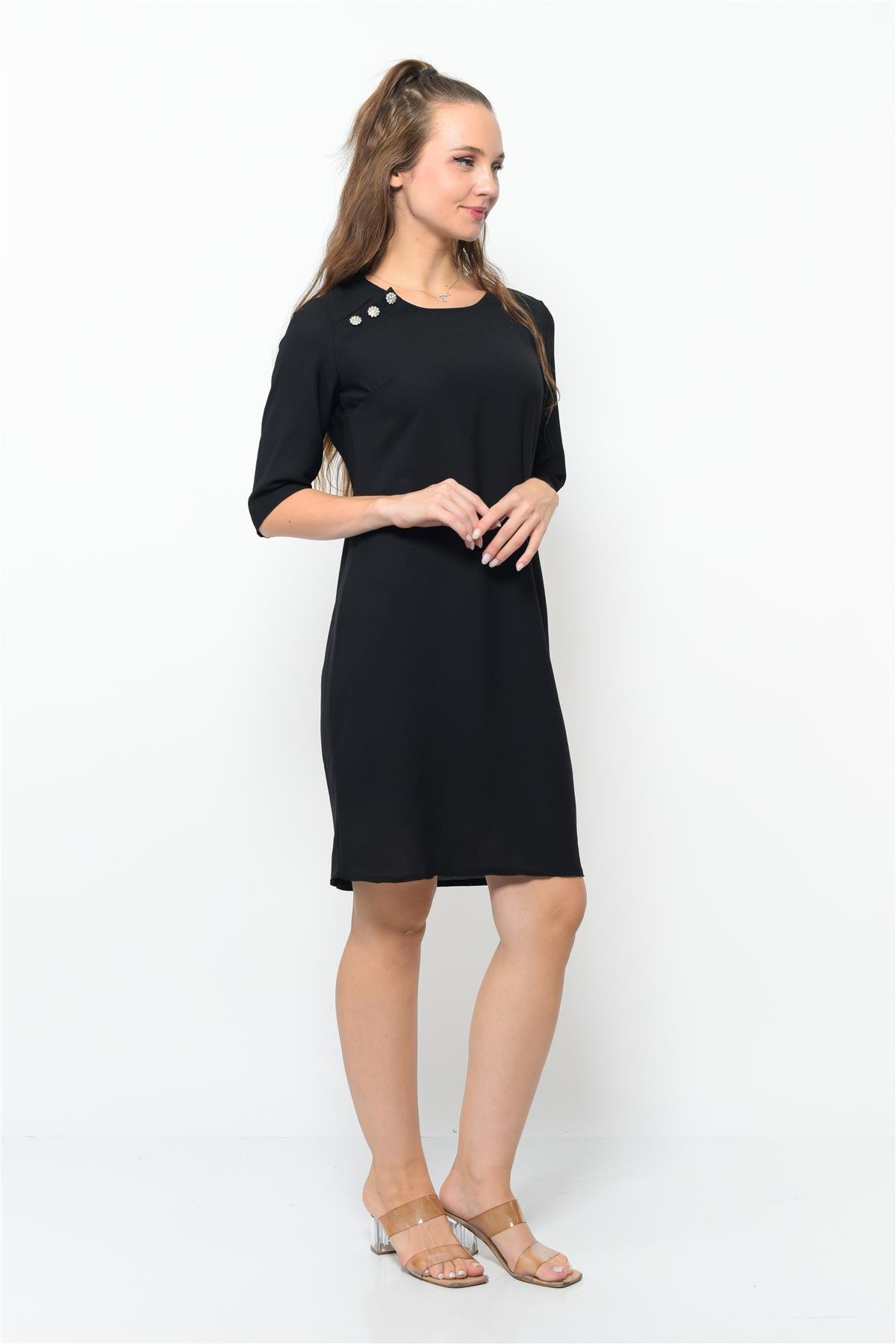 Kadın Omuzdan Düğmeli Mini Elbise Siyah