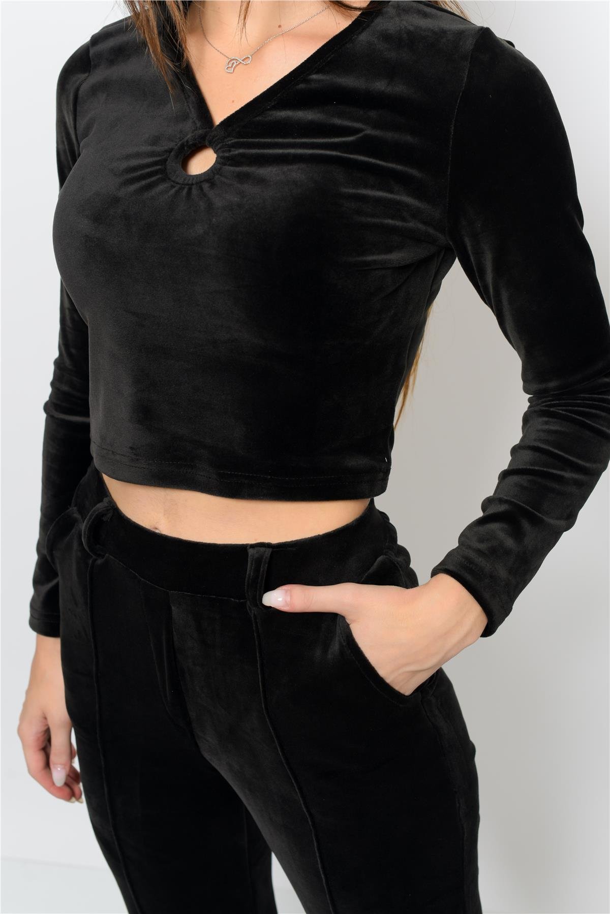 Kadın Soft Kadife Pantolon-Bluz Alt Üst İkili Takım Siyah