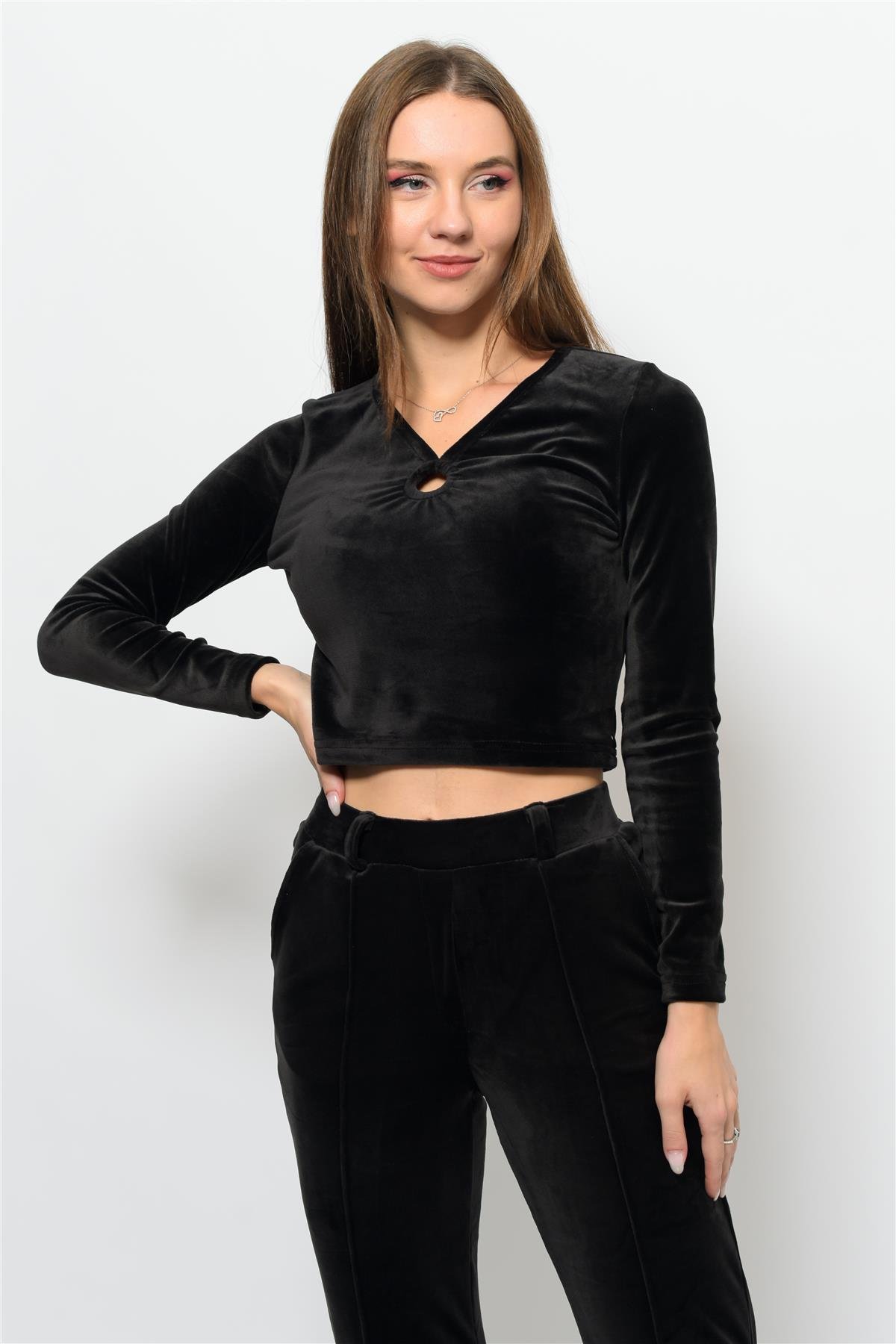 Kadın Soft Kadife Pantolon-Bluz Alt Üst İkili Takım Siyah