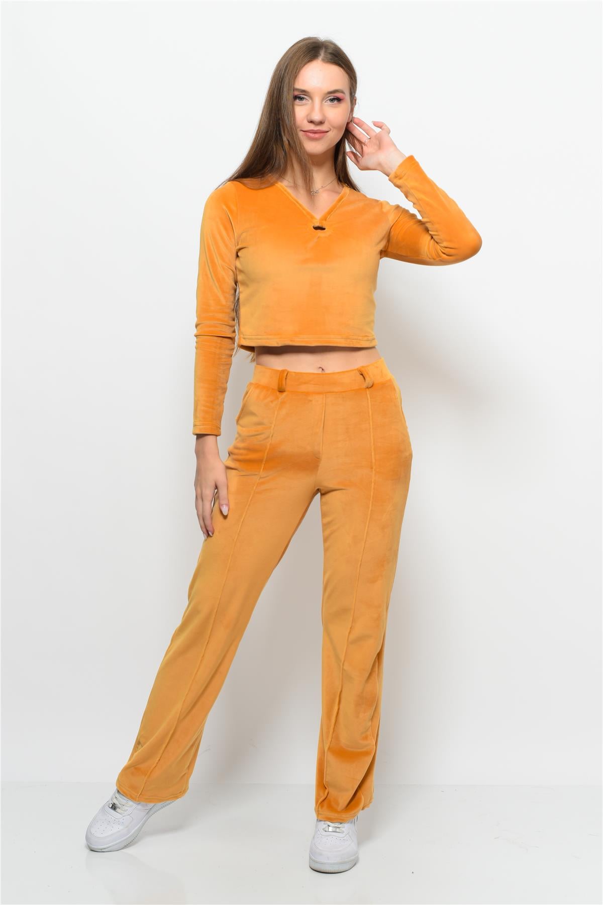 Kadın Soft Kadife Pantolon-Bluz Alt Üst İkili Takım Hardal