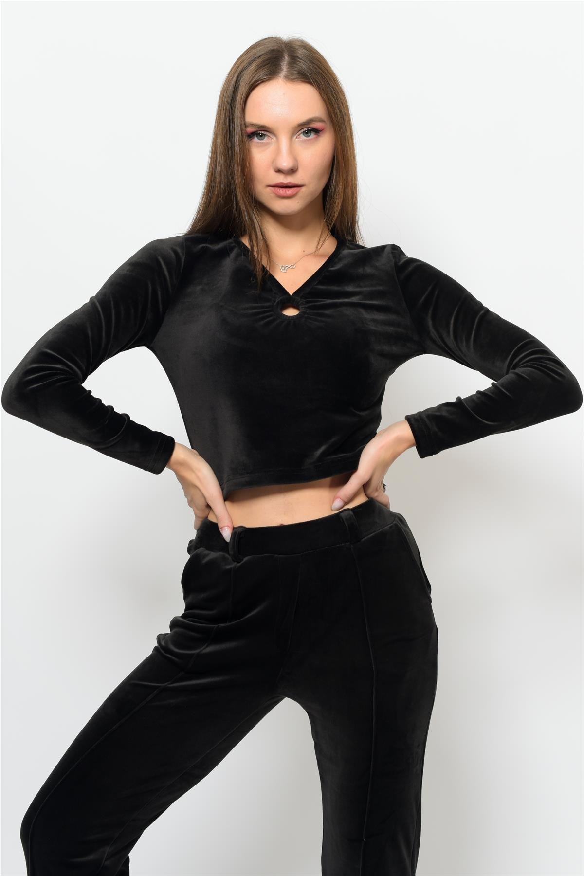 Kadın Soft Kadife Pantolon-Bluz Alt Üst İkili Takım Siyah