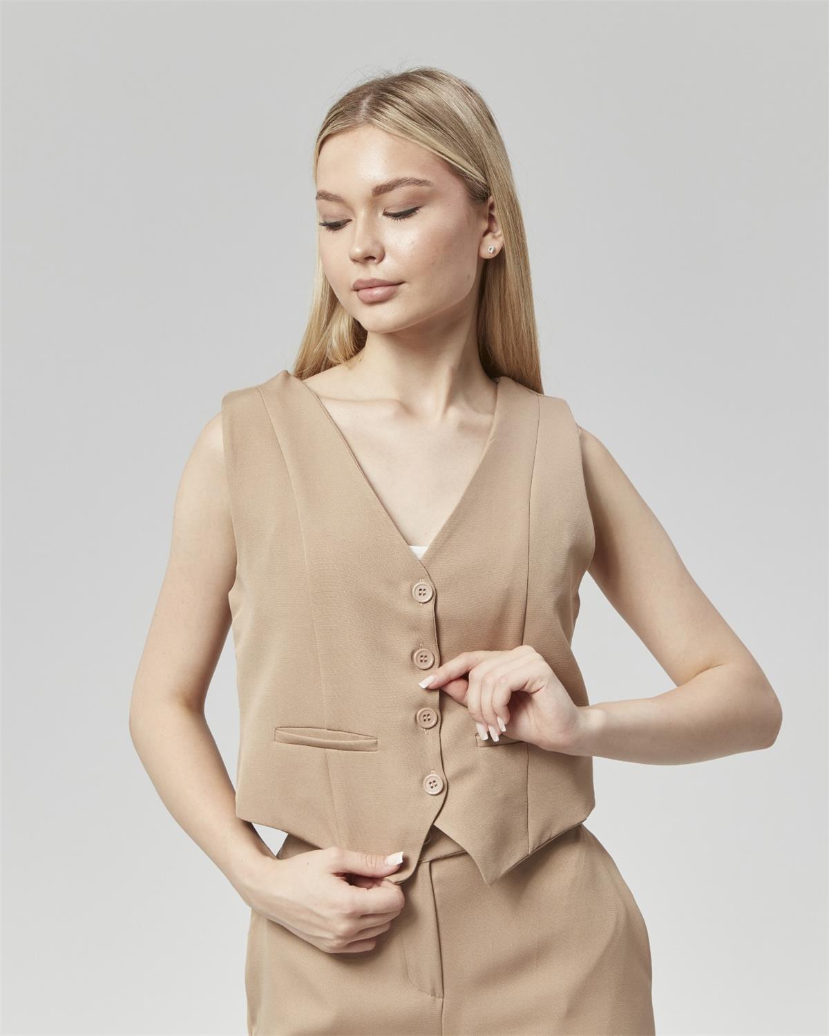 Yeni Sezon Yüksek Bel Culotte Pantolon & Yelek Vizon