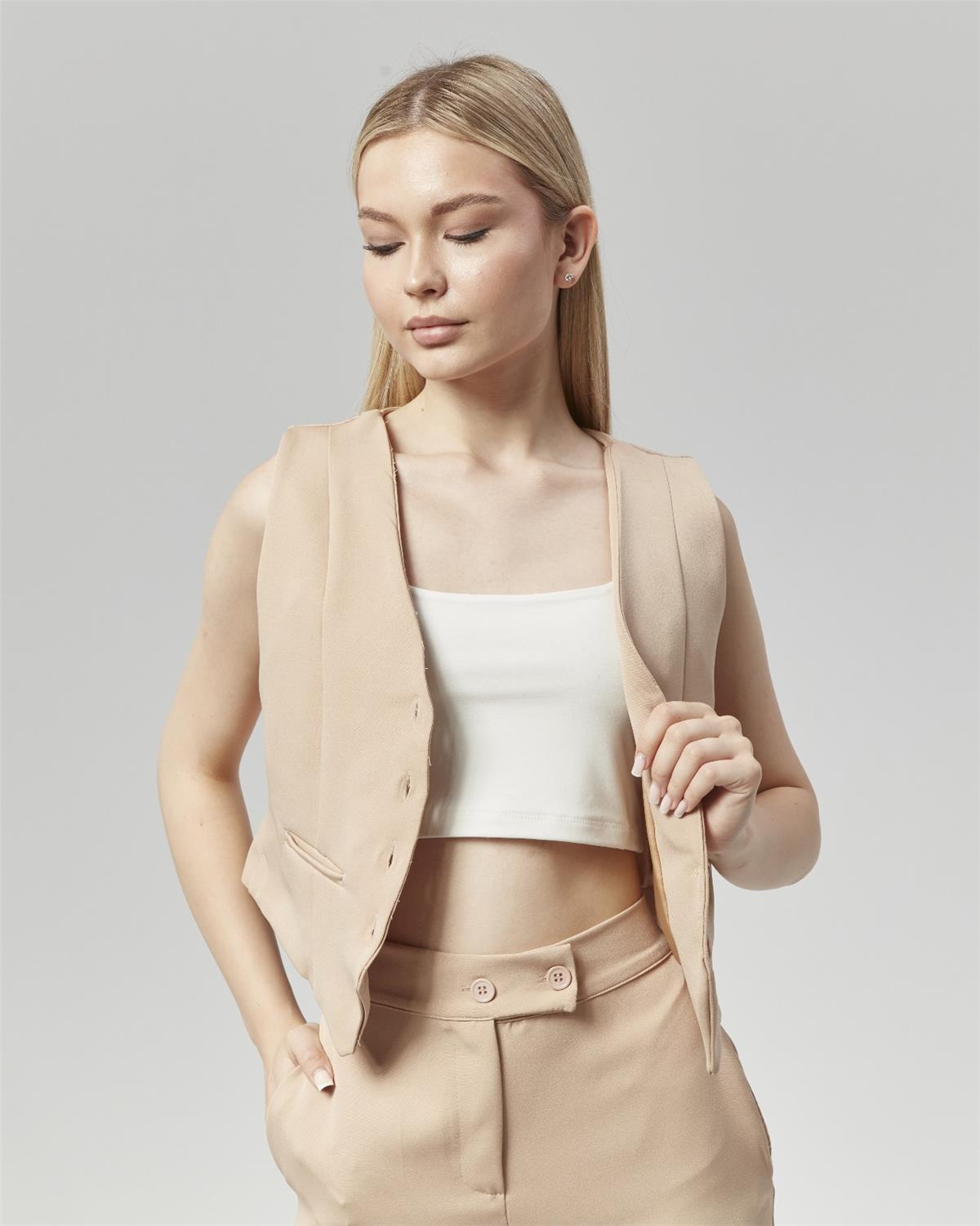 Yeni Sezon Yüksek Bel Culotte Pantolon & Yelek Bej
