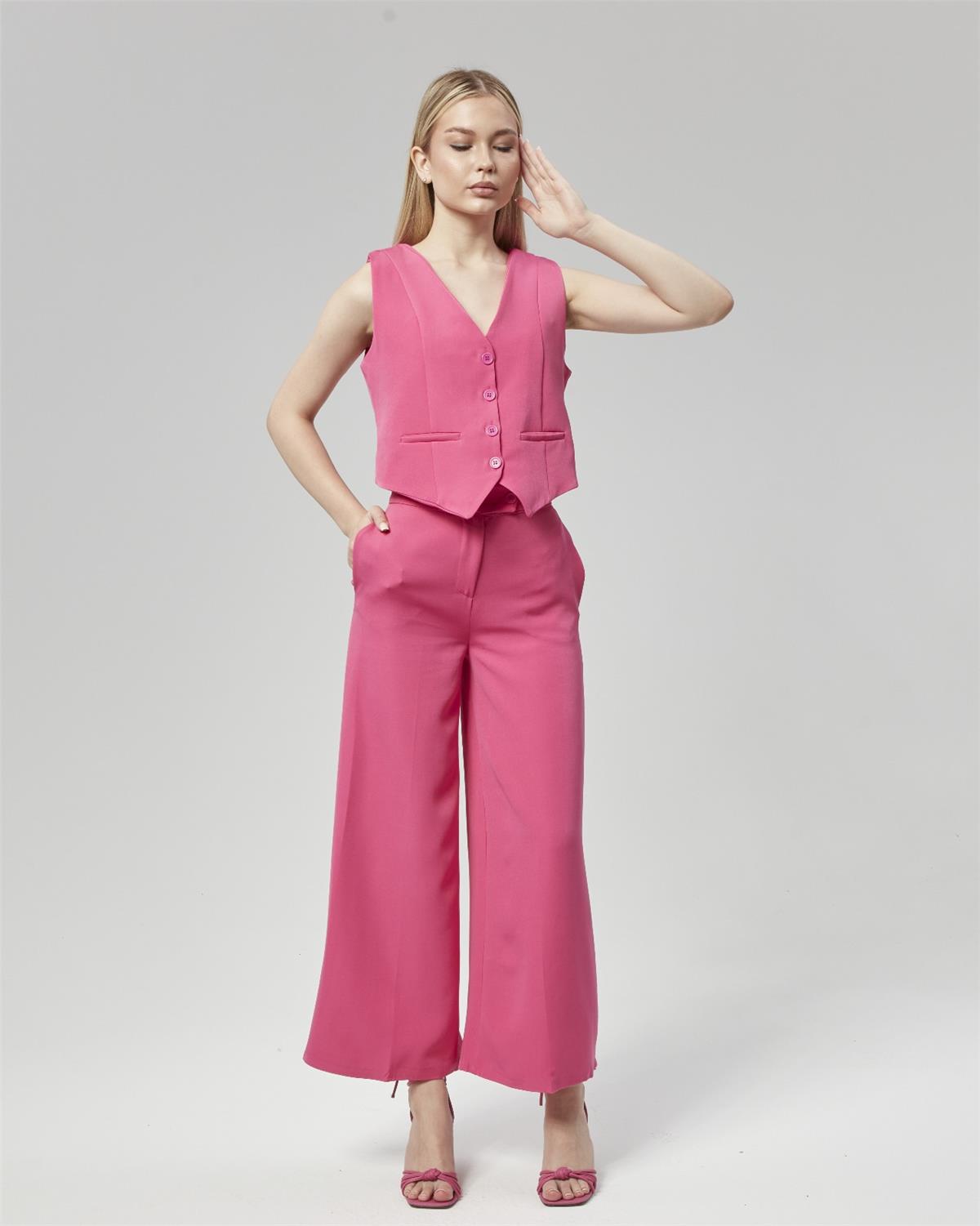 Yeni Sezon Yüksek Bel Culotte Pantolon & Yelek Pembe