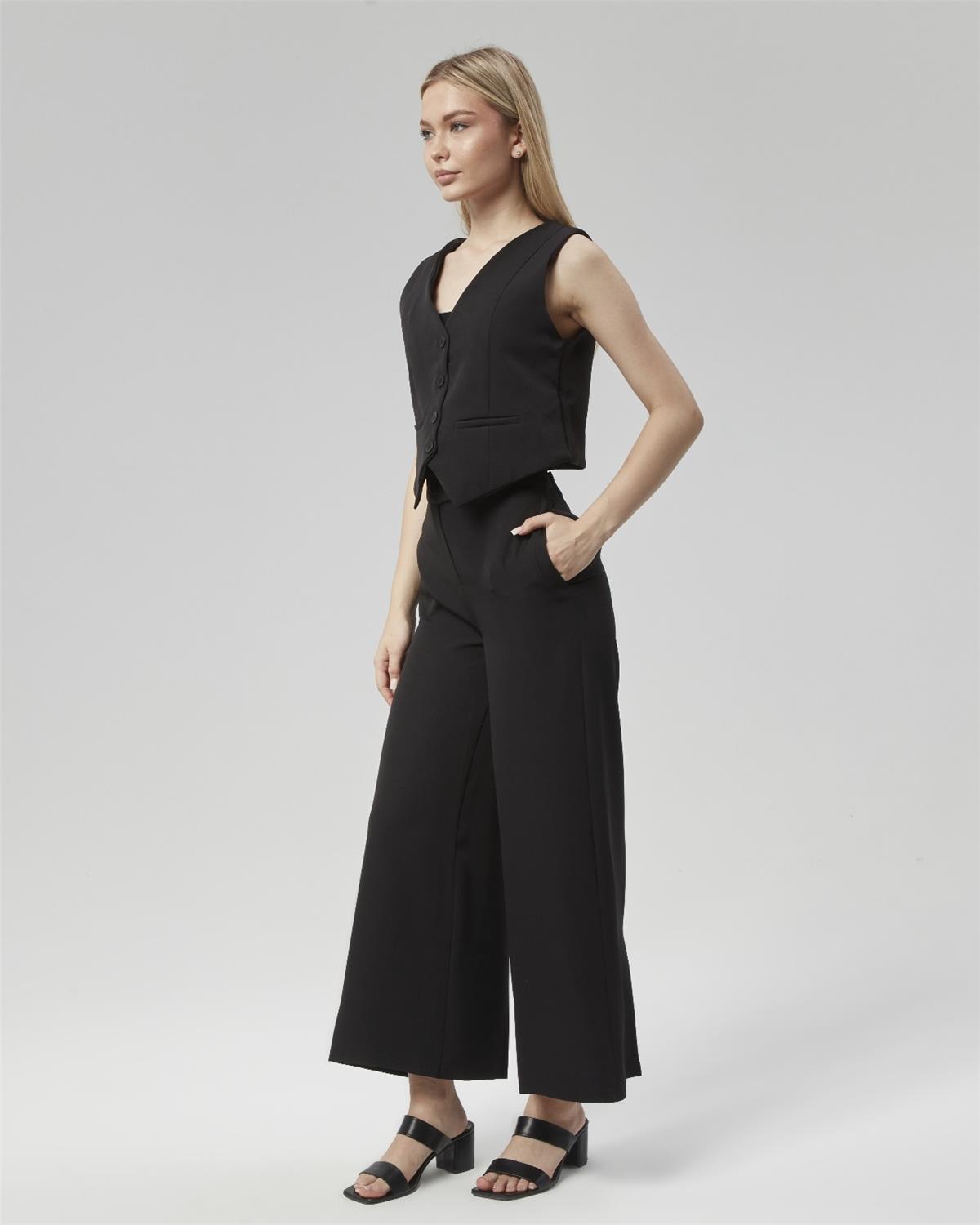 Yeni Sezon Yüksek Bel Culotte Pantolon & Yelek Siyah