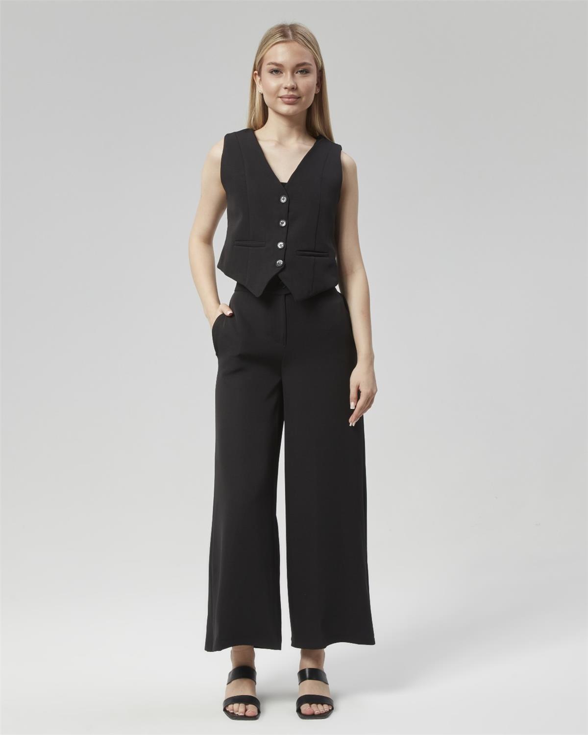 Yeni Sezon Yüksek Bel Culotte Pantolon & Yelek Siyah